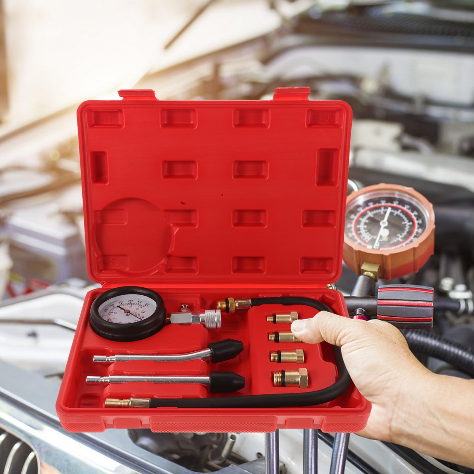 NUOBESTY Kit de Prueba de Compresión para Motor Manómetro de Compresión para Automóviles y Motocicletas Herramienta Multifuncional Adaptadores para Cilindros Portátil y Precisa para