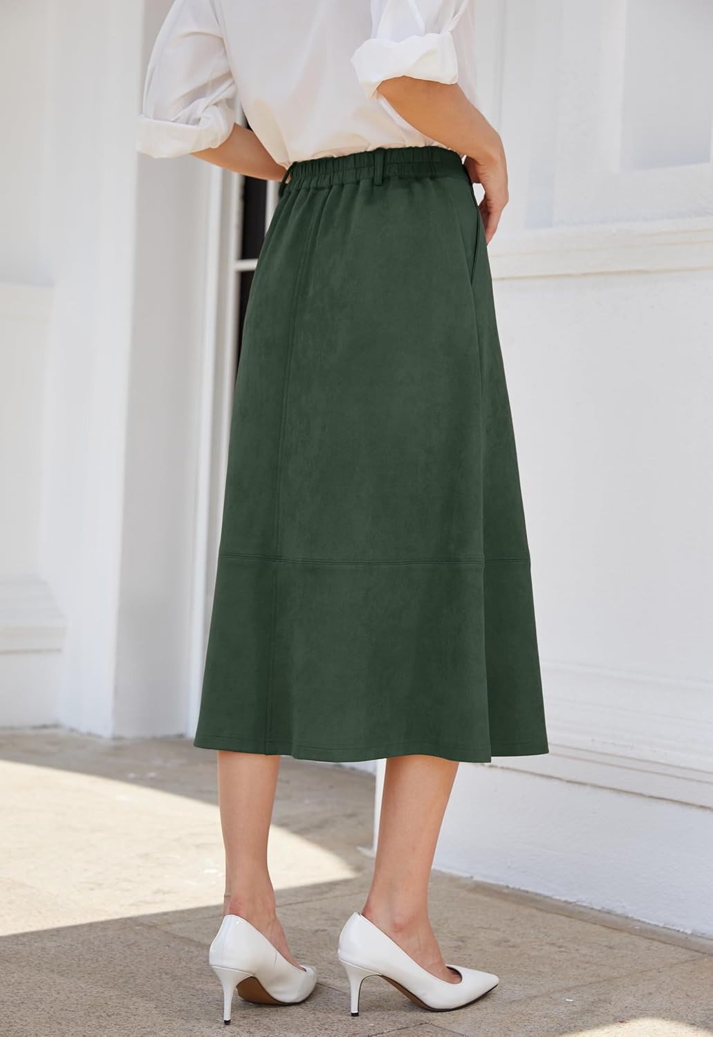 Women's Midi Faux Suede Skirt Flared Elastic High Waisted A-Line Winter Long Skirts for Women with Pockets - Image 3