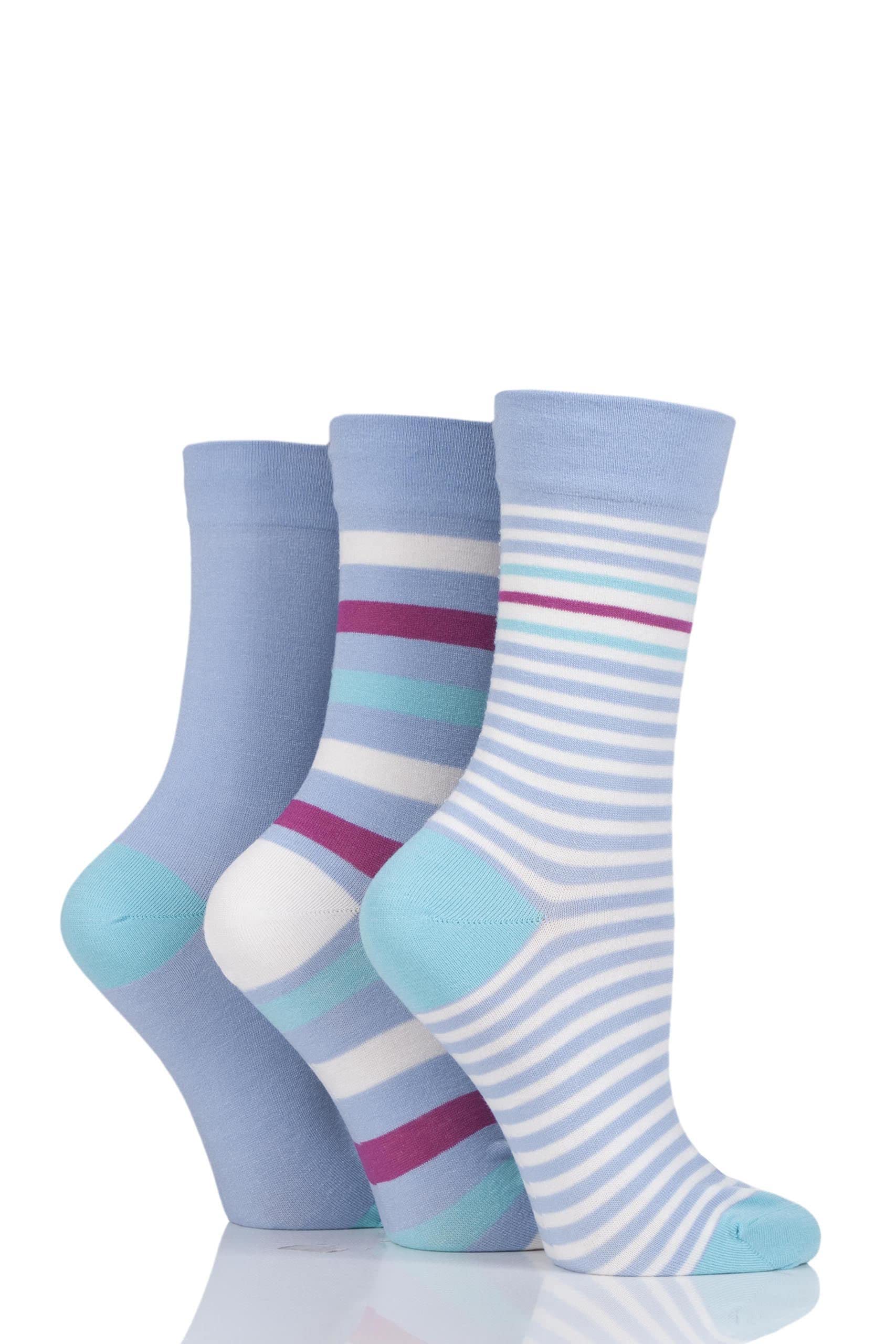 Sockshop Women's Cornflower Gentle Bamboo Socks With Smooth Toe Seams In Plains And Stripes Pack Of 3 4-8