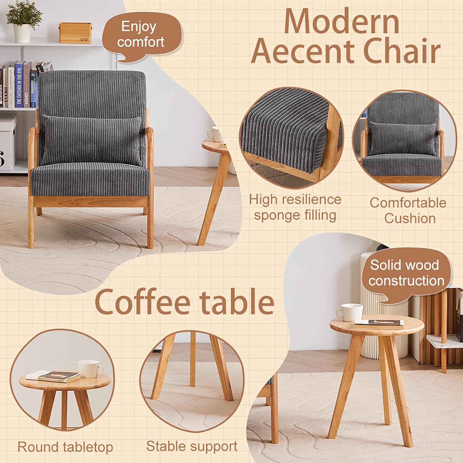 Modern Accent Chair & Coffee Table Set, Antique Dark Gray Upholstered Leisure Chair with Solid Rubberwood Frame and Walnut-Tone Side Table, Vintage Luxury Living Room or Bedroom Furniture Set