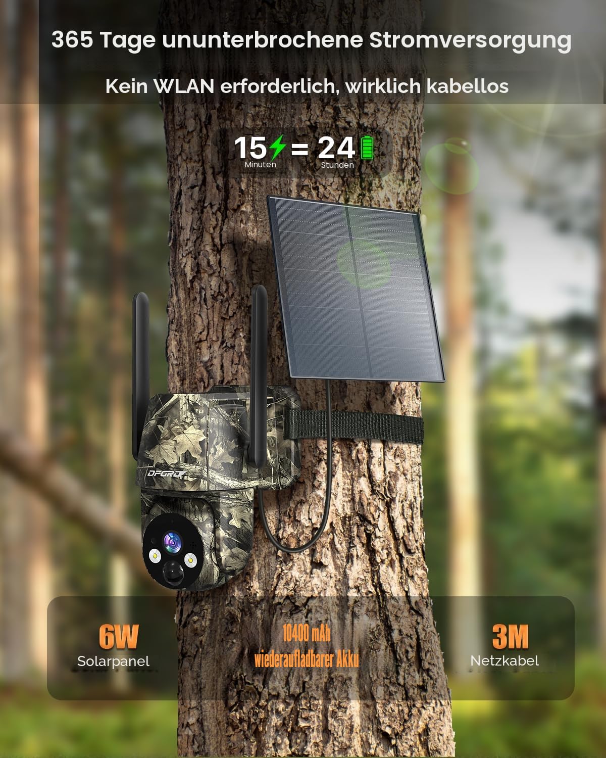 LTE Solar Wildkamera mit Bewegungsmelder, 2K Kabellos Überwachungskamera Aussen mit Handyübertragung App, PTZ Wildtierkamera mit SIM, 10400mAh Akku, Nachtsicht, IP66