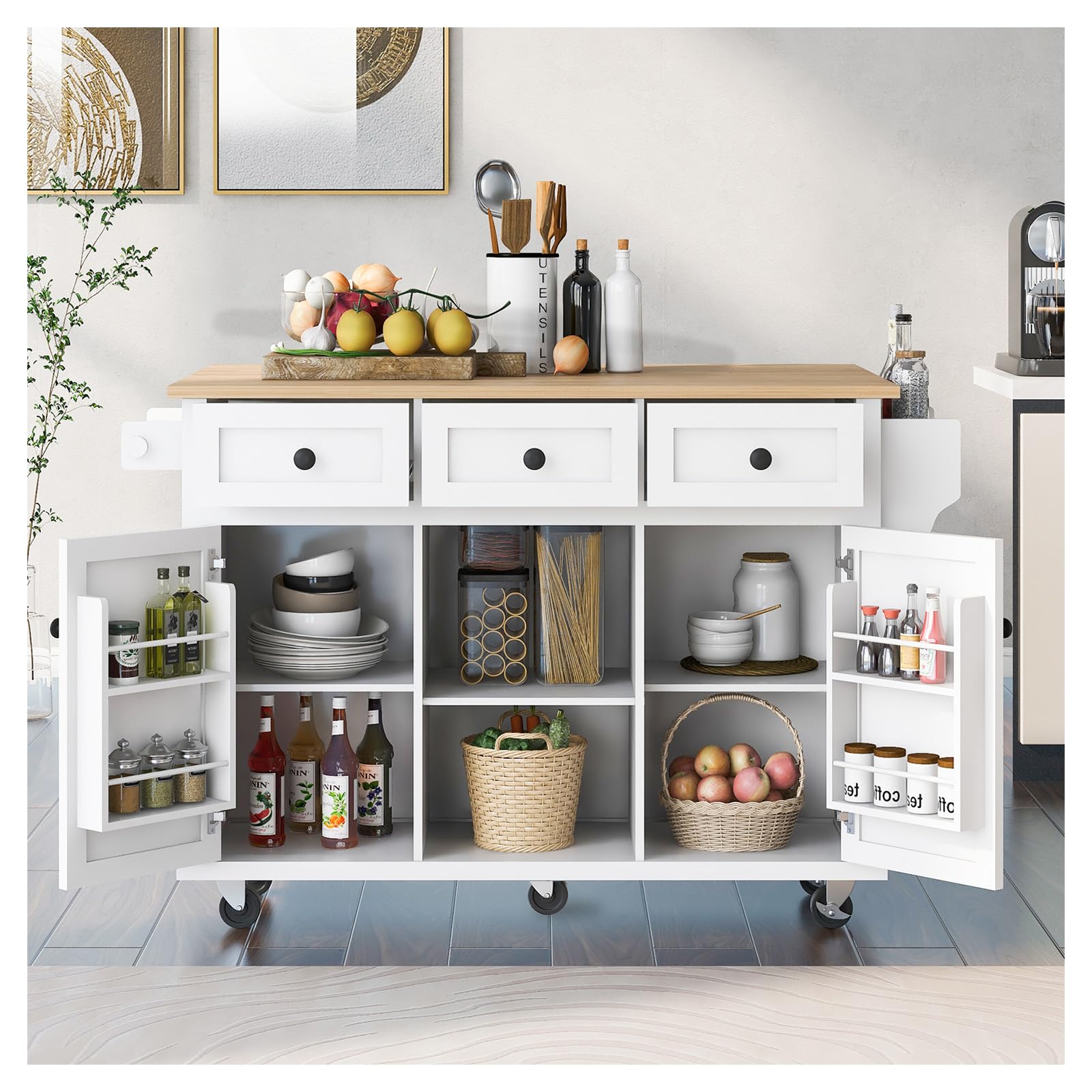 rolling kitchen island, 53" drop leaf & power outlet, 3 drawers & 2 cabinets, mobile kitchen cart on 5 lockable wheels, with internal racks & bamboo rails for dining room, rubber wood, white