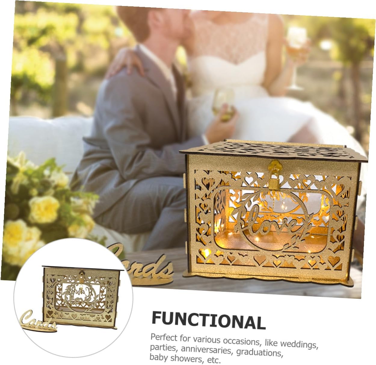 Wooden Hollow Wedding Reception Card Box Glitter Portable Greeting Card Container for Anniversary Birthday Valentine’s Day Decoration