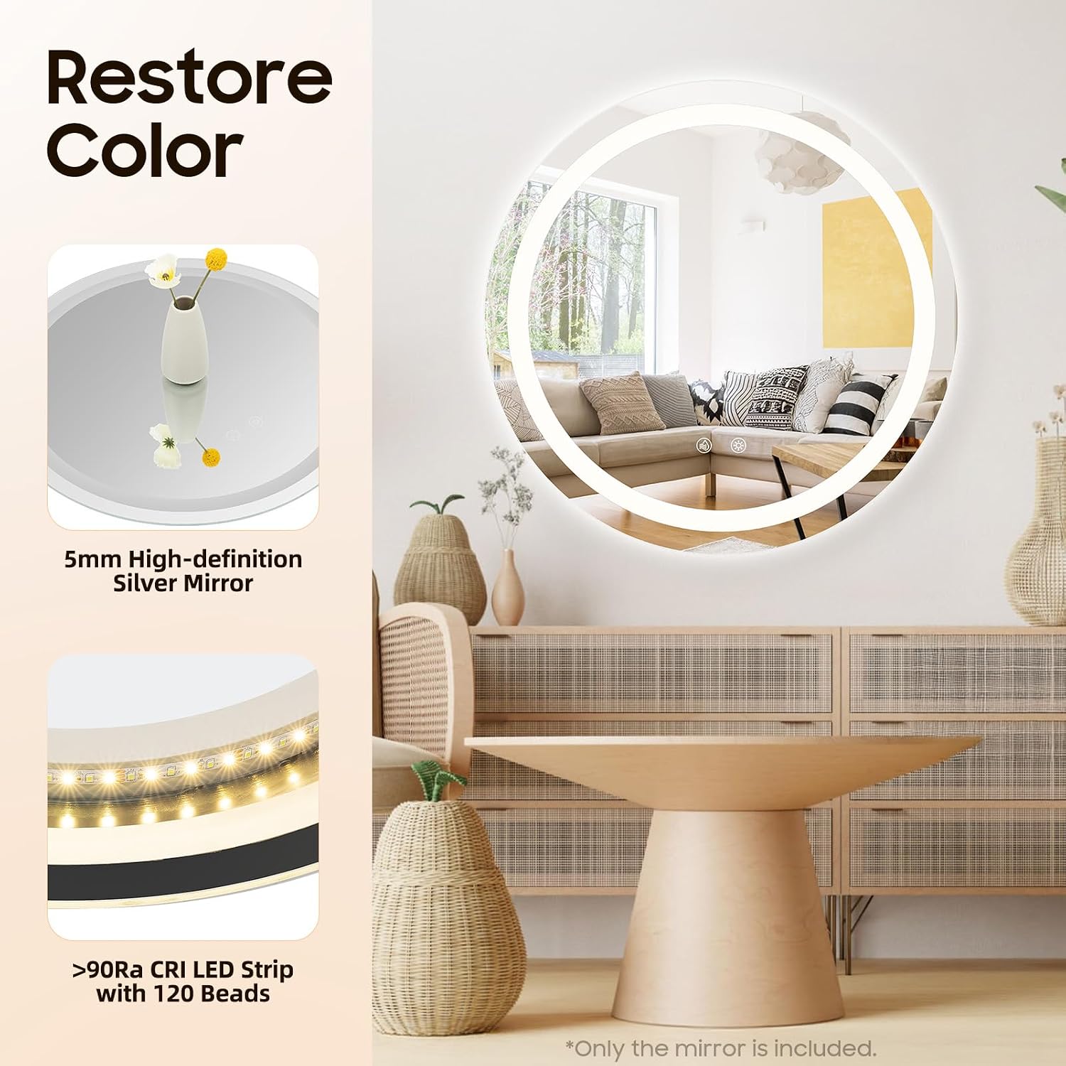 Round LED Bathroom Mirror with Lights, 20x20 Inch, Smart Makeup Mirror, 3 Adjustable Color Lights, IP44, Anti-Fog, Memory Function, Wall Mounted Vanity Mirror