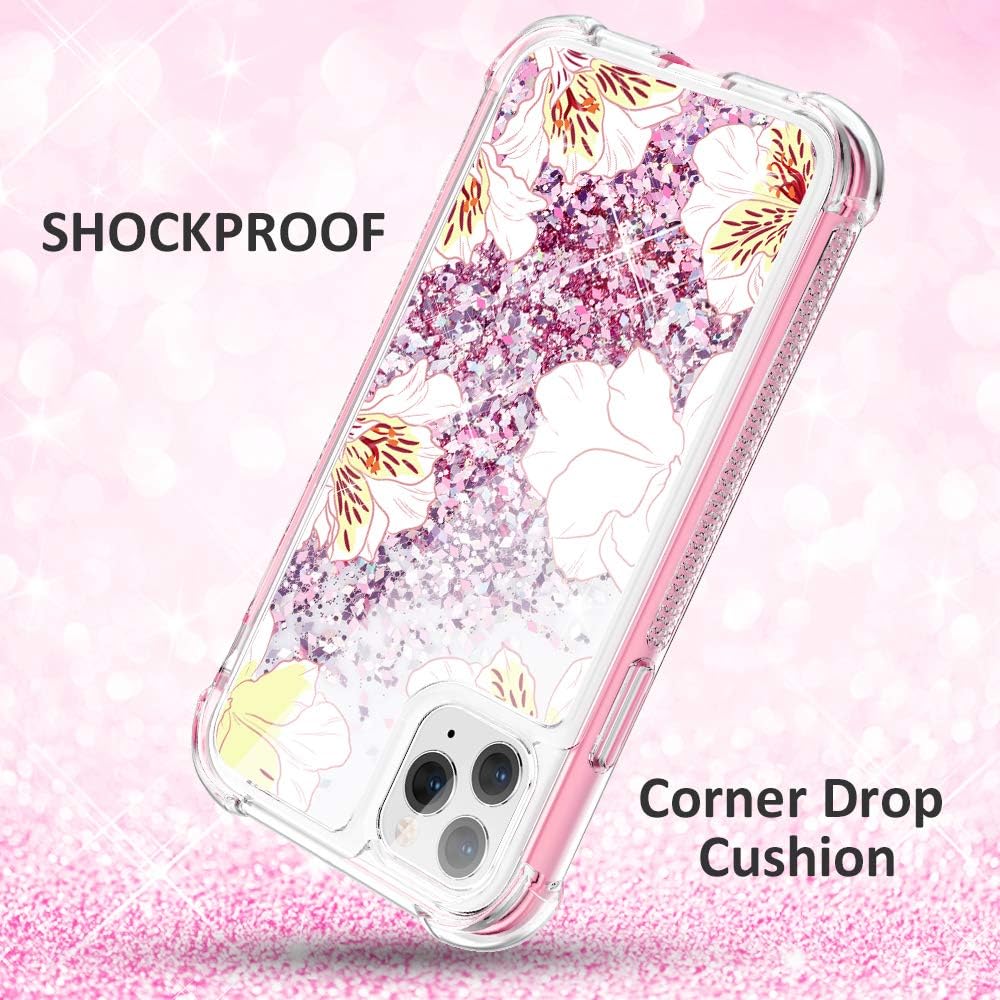 Caka Case for iPhone 11 Pro Max Case Glitter Liquid Flower Full Body Protection with Built in Screen Protector for Girls Women Girly Floral Protective Case for iPhone 11 Pro Max (White)