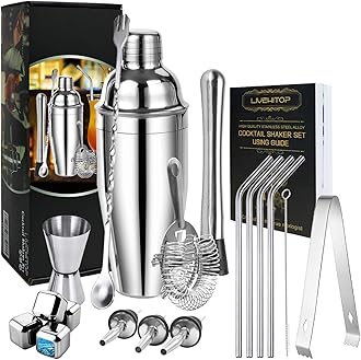 LIVEHITOP Cocktail Set 19 Pcs Cocktail Making Set Stainless Steel Bartender Kit with 750ML Boston Cocktail Shaker Strainer for Whiskey Party, Bar, Home