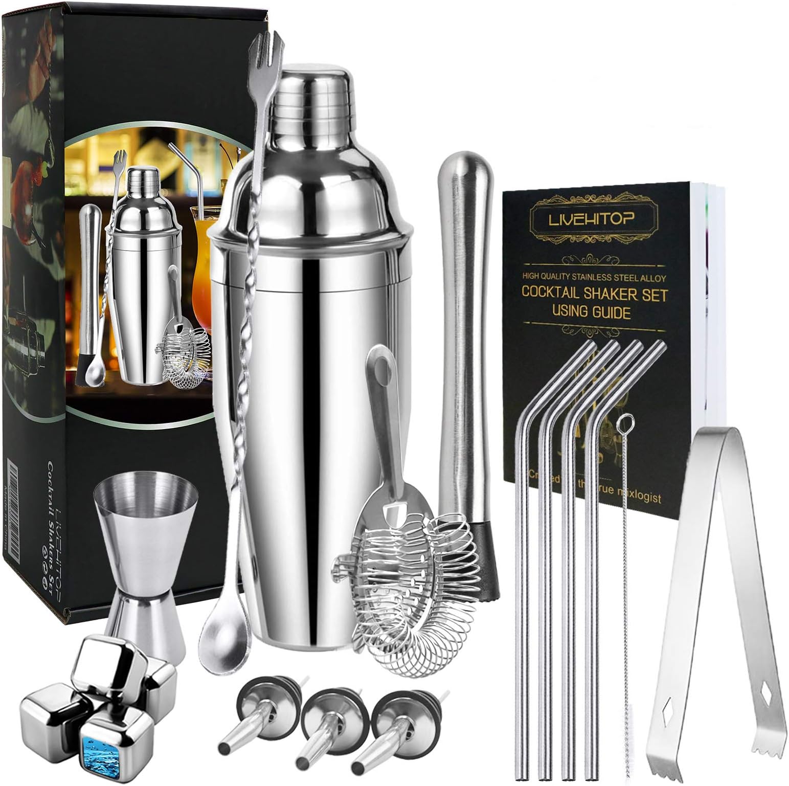 LIVEHITOP Cocktail Set 19 Pcs Cocktail Making Set Stainless Steel Bartender Kit with 750ML Boston Cocktail Shaker Strainer for Whiskey Party, Bar, Home