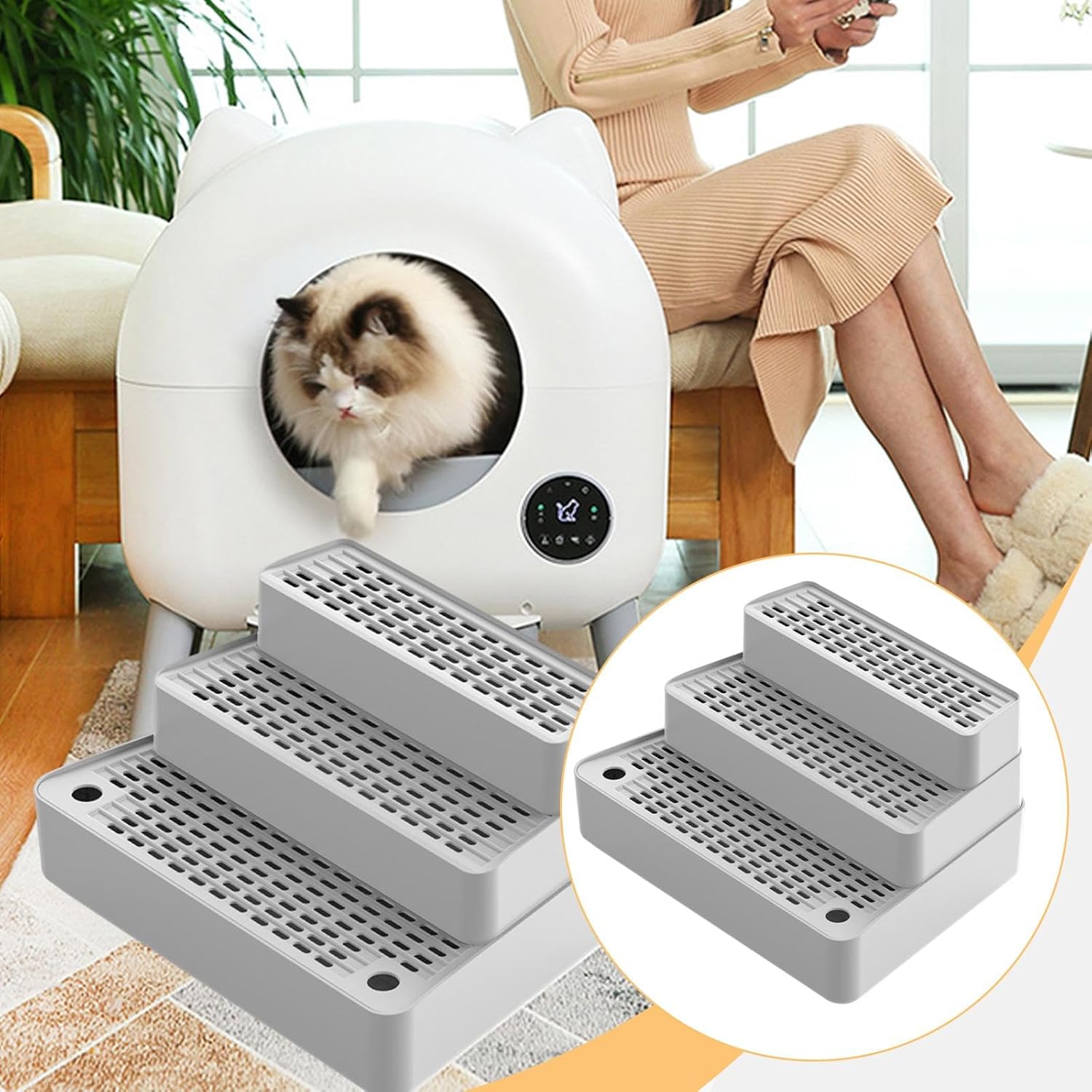 Ramp for Automatic Cat Footboard Removable with Non Slip Feet Waterproof Cat Litter Stair 3 Steps for Small Cats, Light Gray