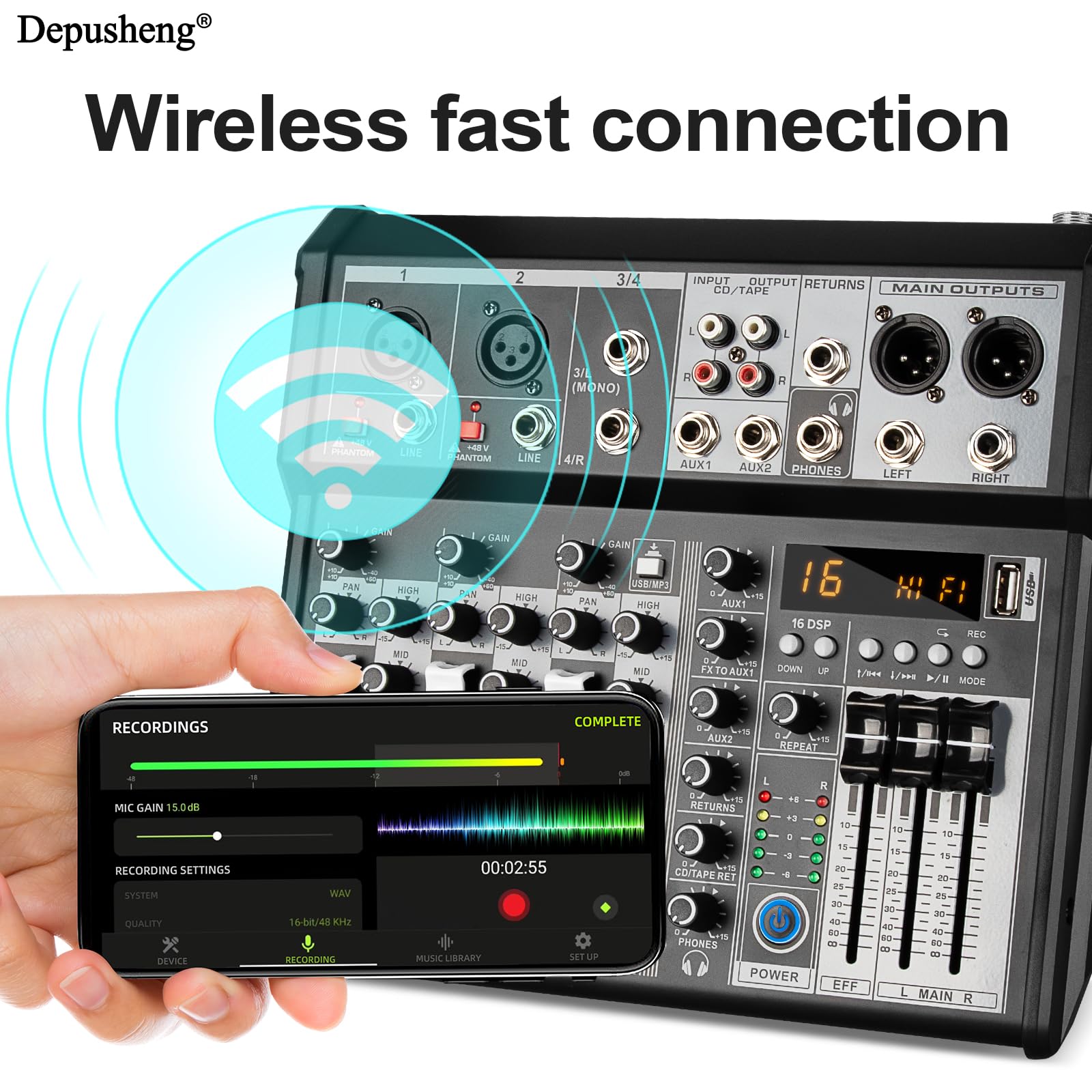 Mezclador de Audio Profesional, 4 Canales, Consola de Mezclas con Interfaz de Sonido, Procesador DSP de 16 Bits, Bluetooth, Phantom +48V para Karaoke, Estudio y Grabación