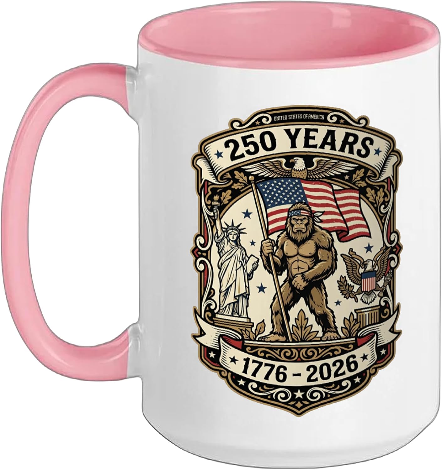 250 Years USA America 1776 2026 Patriotic Freedom Bigfoot Ceramic Mug, Pink/White, 15oz