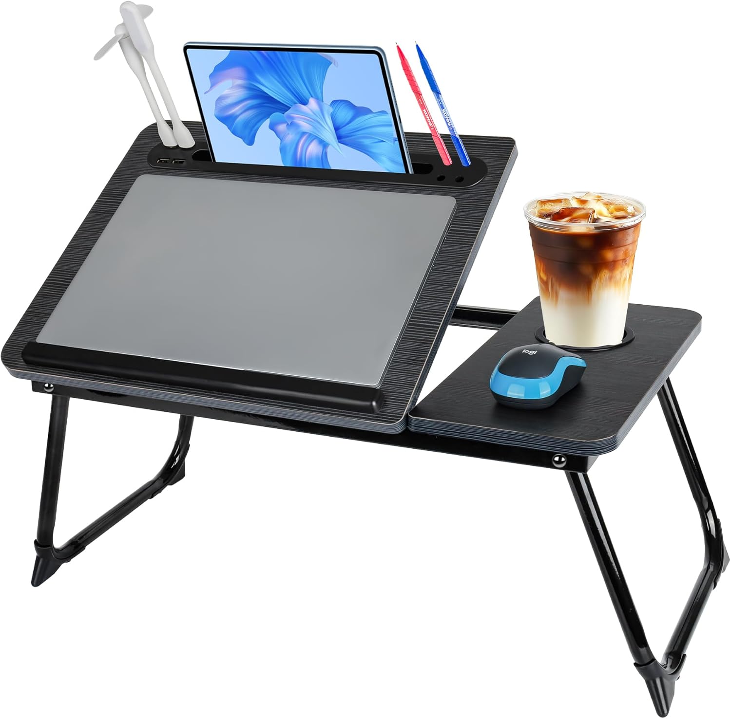 Laptop Bed Desk, Adjustable Lap Desk, Small Laptop Table with USB Charge Port, Desktop Card &Pen Slot, Cup Holder, Foldable Bed Tray Table for Couch Sofa Chair Floor Eating Working Adjustable Black