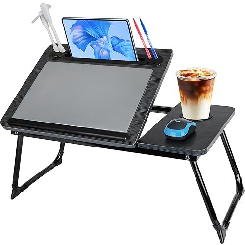 Laptop Bed Desk, Adjustable Lap Desk, Small Laptop Table with USB Charge Port, Desktop Card &Pen Slot, Cup Holder, Foldable Bed Tray Table for Couch Sofa Chair Floor Eating Working - Adjustable Black