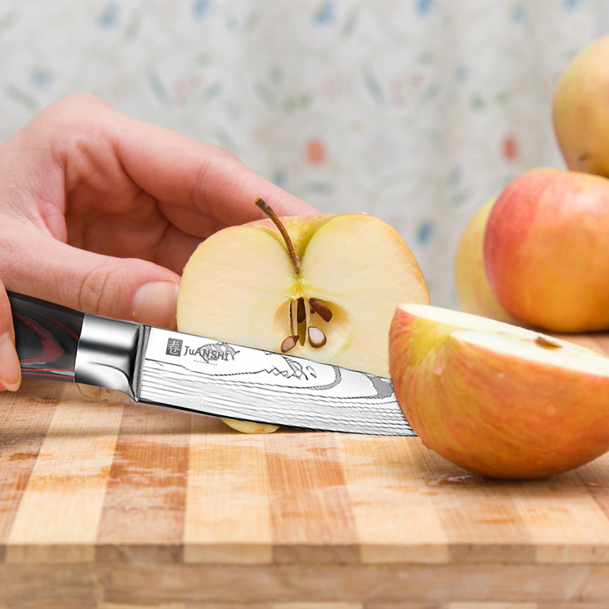 JUANSHI® 4-częściowy zestaw noży – profesjonalny zestaw noży kuchennych z wysokiej jakości stali nierdzewnej, ostre ostrza, w tym Santoku, nóż kuchenny, nóż do chleba i nóż uniwersalny, idealny