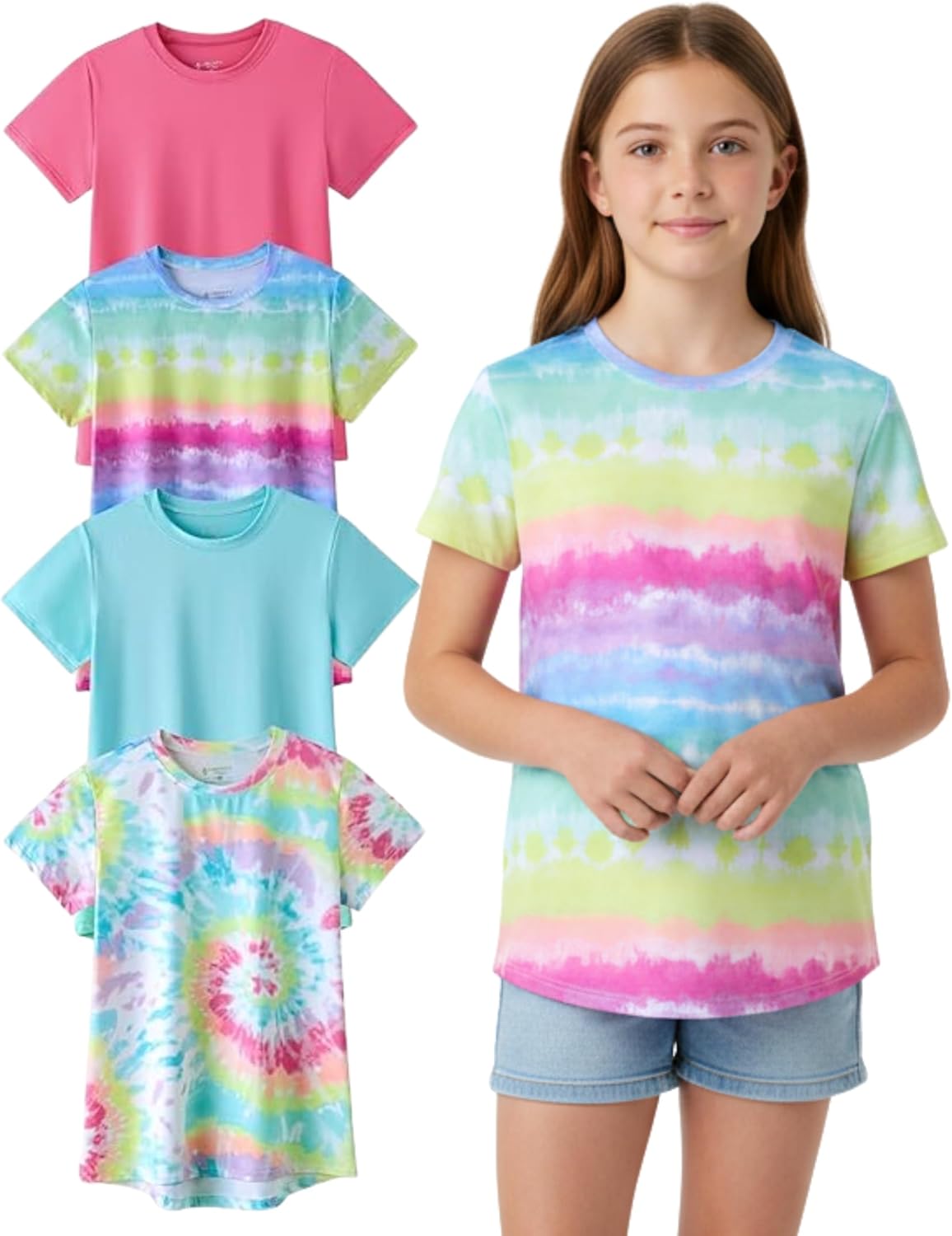 4 Pack: Youth Girls Athletic Shirts, Short Sleeve Dry Fit Apparel Tech Tshirts, Sports Activewear for Kids Teens