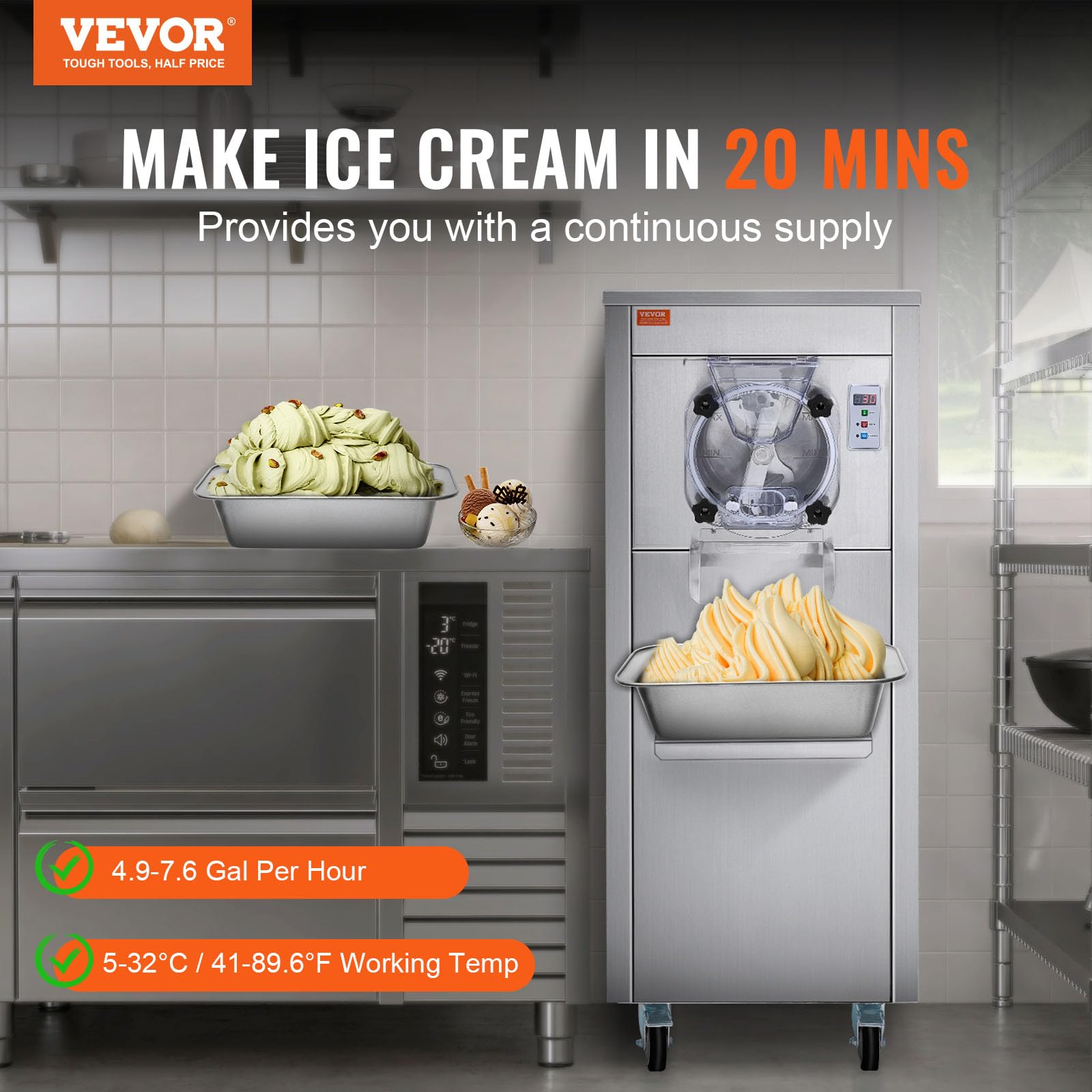 VEVOR Ice Cream Maker for Commercial Use, Produces 18 Liters per Hour, 1780W, Offers Single Flavor, Equipped with Wheels, 6L Stainless Cylinder, LED Display, Automatic Cleaning & Pre-cooling Functi