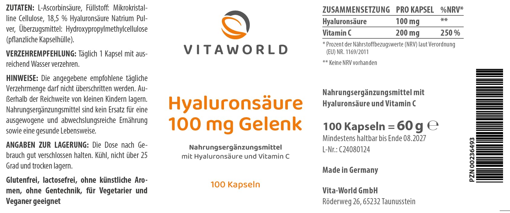 3er Pack Vita World Hyaluron Säure 100mg Gelenk 3 x 100 Kapseln Vegan Made in Germany