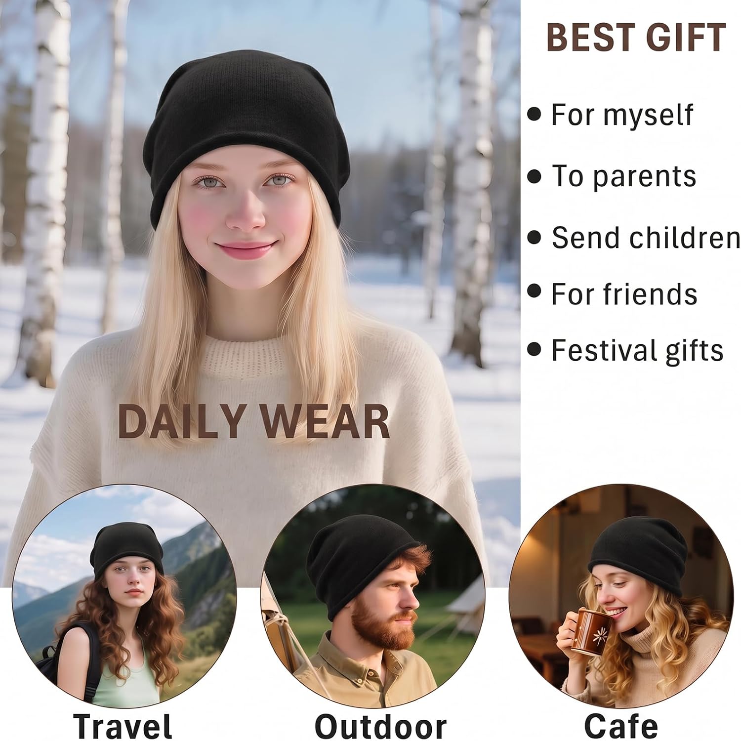 ZLYC Pure Wool Slouchy Beanie Hat for Women Men Seamless Winter Skull Cap
