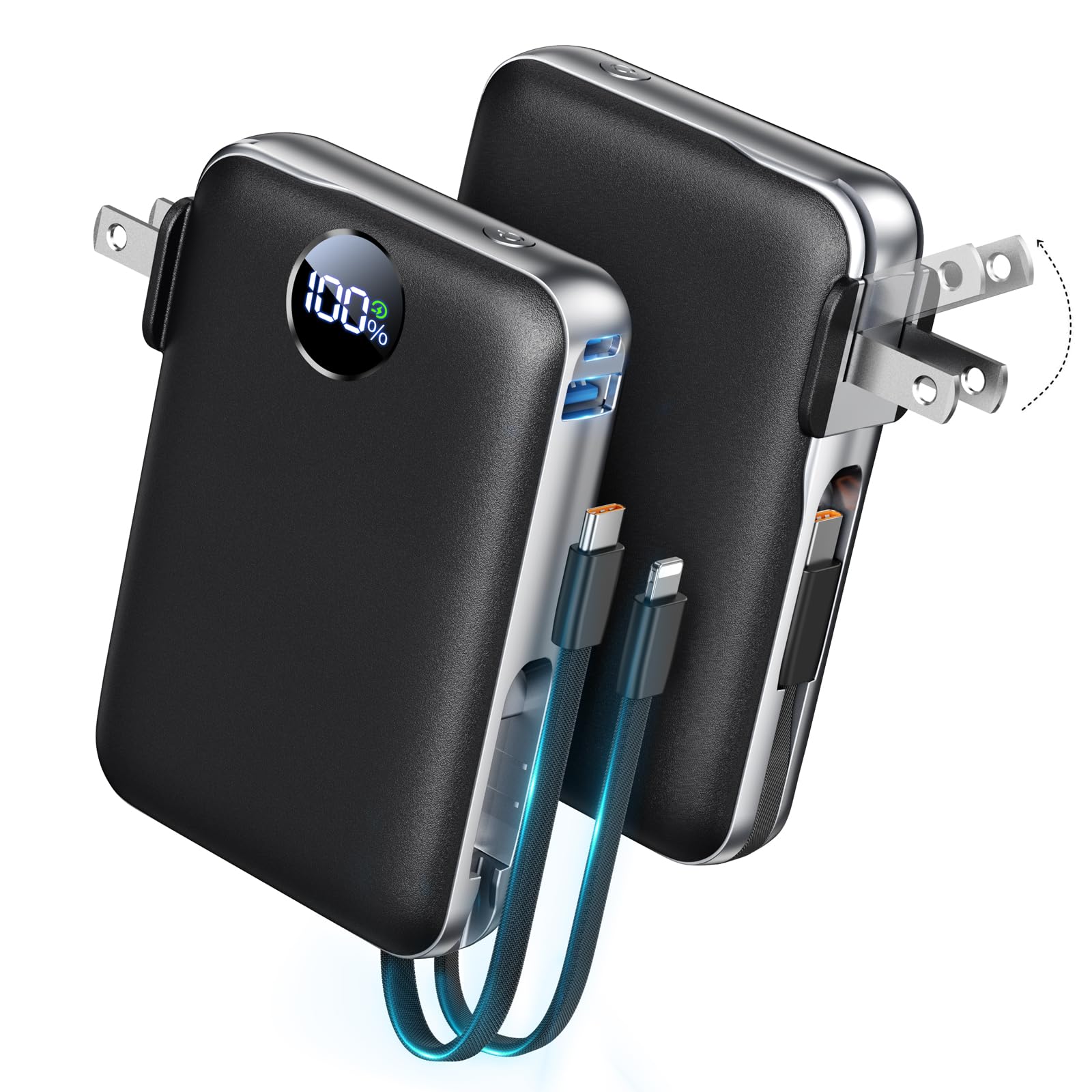 Portable Charger with Built-in Cables Wall Plug 10000mAh Power Bank 4 Outputs 22 5W USB C Fast Charging