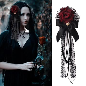 Rose Bow Hair Clip Lolita Gothic Rose Bowknot Lace Ribbon Hairpin Hair Accessories for Women Girls Halloween Cosplay Rave Birthday Party Decoration