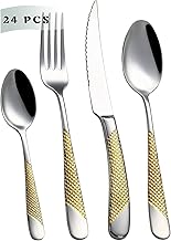 Venuy Conjunto de talheres de talheres com 24 peças, utensílios de aço inoxidável 18/10, conjunto de talheres para 6, inclui faca/garfo/colher, reutilizável, espelho polido, pode ser lavado na lava-louças