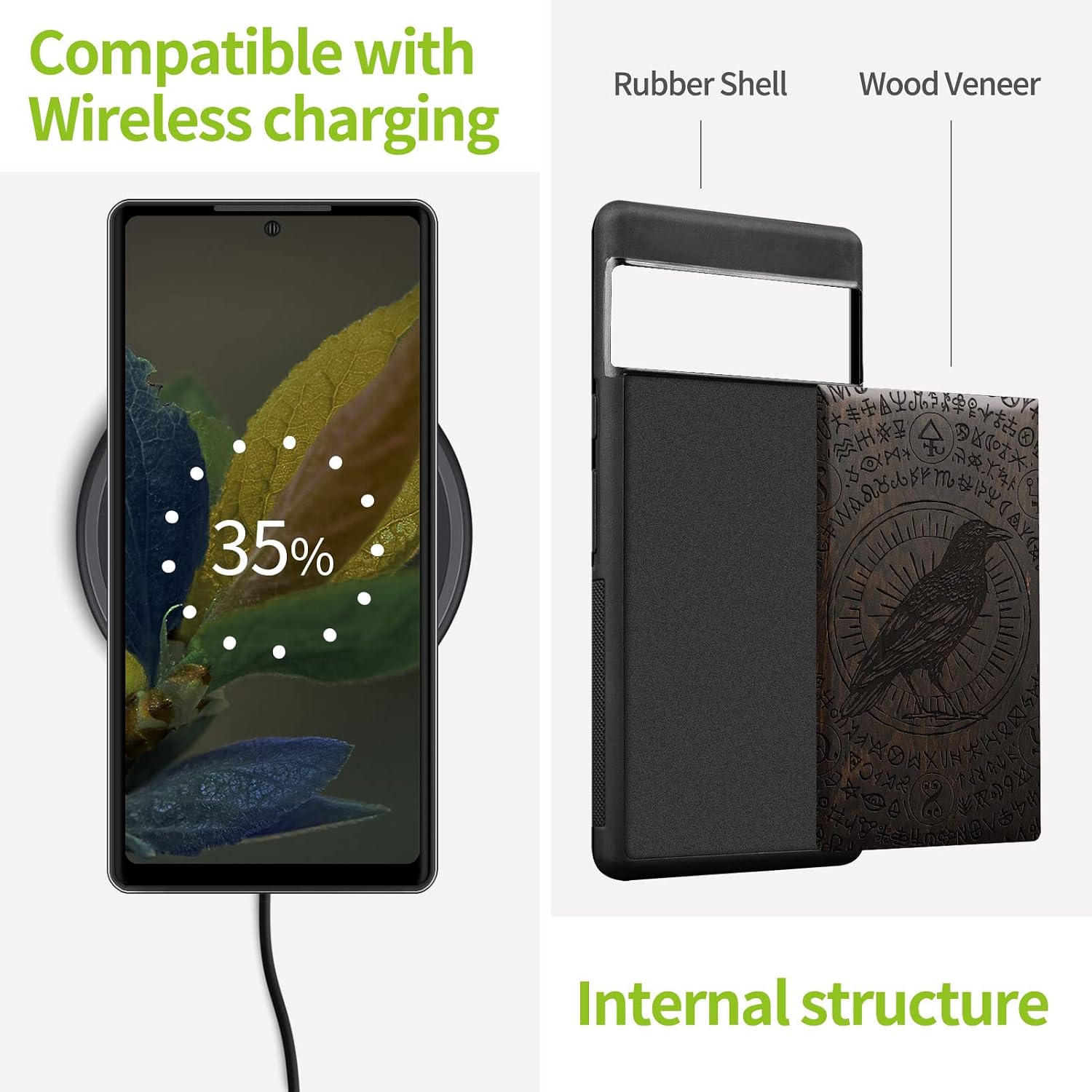 Carveit Wood Case for Pixel 7 - Natural Wood & Black Soft TPU Shockproof Protective Cover - Unique & Classy Witchcraft Raven-Blackwood