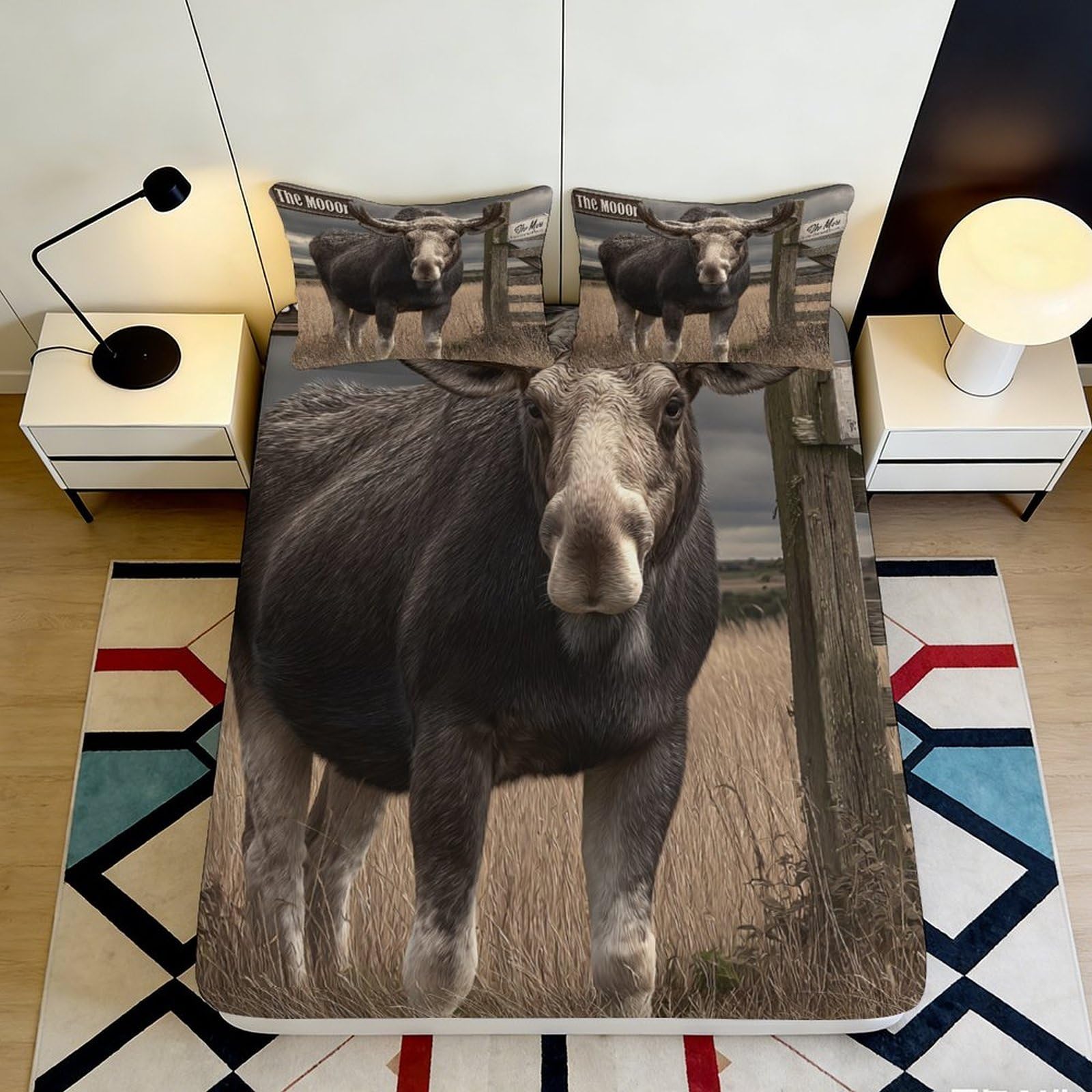 3D Printed Moose Field Fitted Sheet Microfiber Anti-Slip Bed Cover for Bedroom Dorm Mattress Decor Easy Care 160x200x25cm