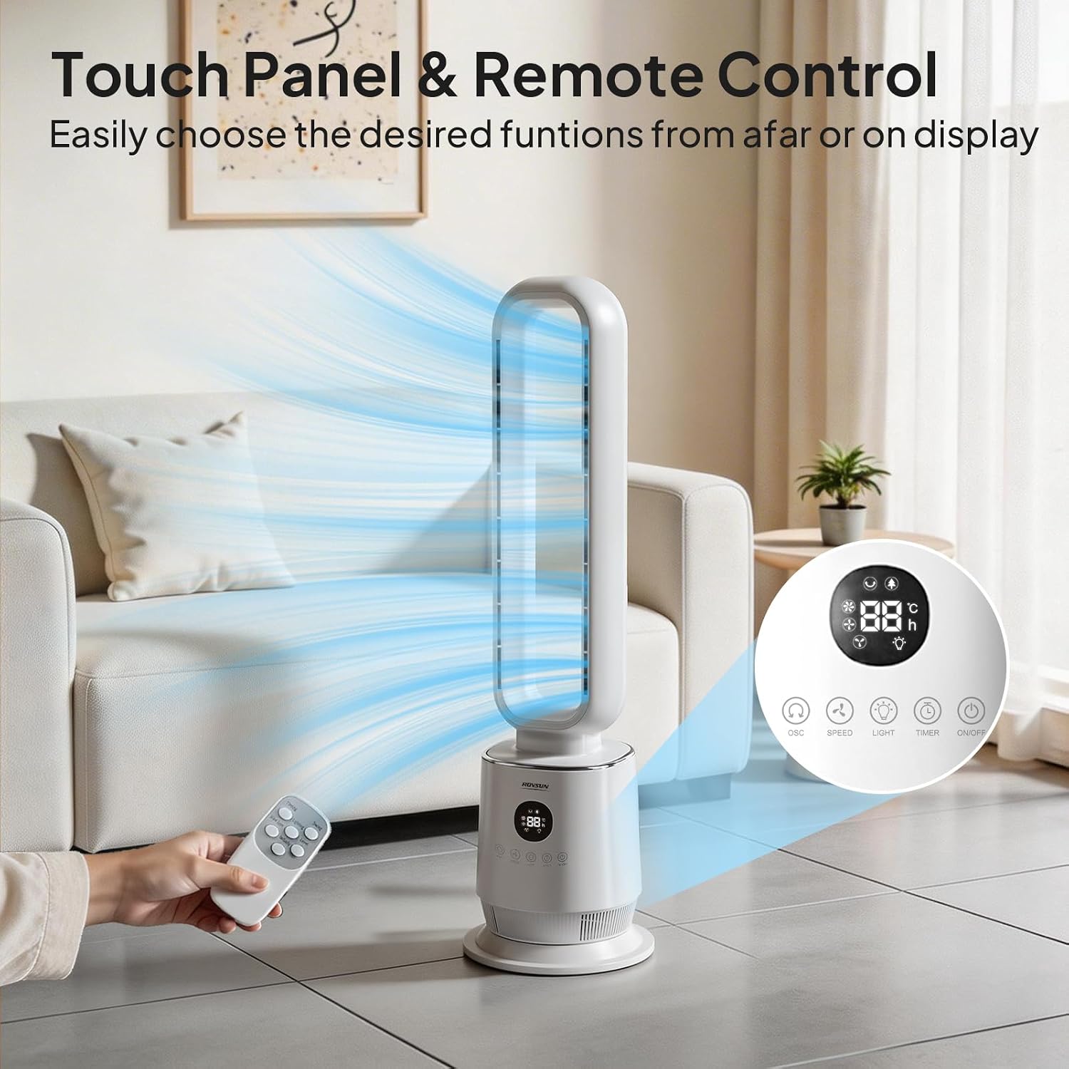 ROVSUN Smart Bladeless Fan, 32" Bladeless Tower Fan for Bedroom, Quiet Oscillating Tower Fan with Remote, Portable Cooling Fan with 12H Timer, 3 Speeds, 3 Modes, Ideal for Home, Bedroom, Office