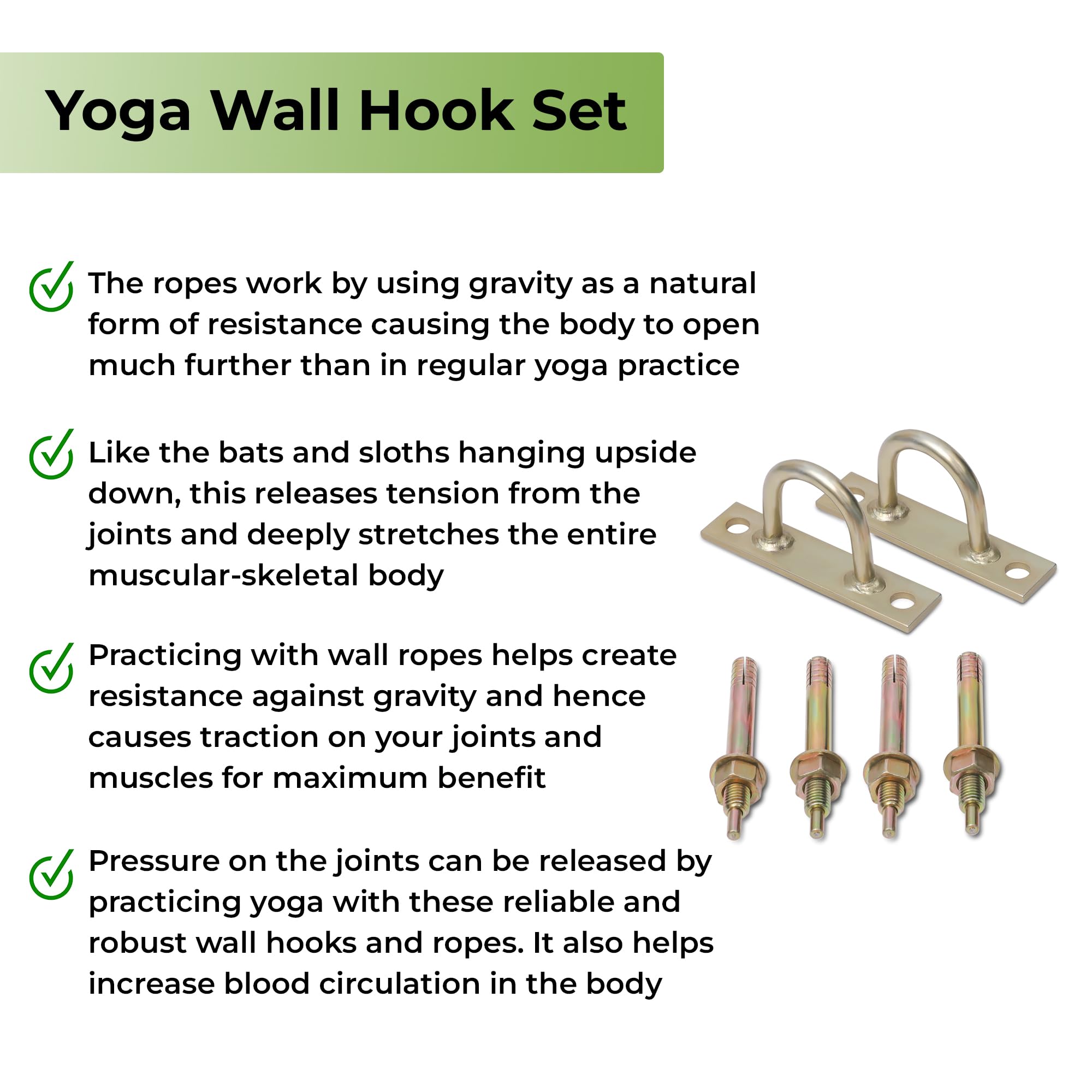 MeFree Iyengar Yoga Wall Ropes Hooks | Set of 2 | Heavy-Duty Wall Anchors for Yoga Ropes, Slings & Belts | Secure Installation for Stability & Advanced Poses 2