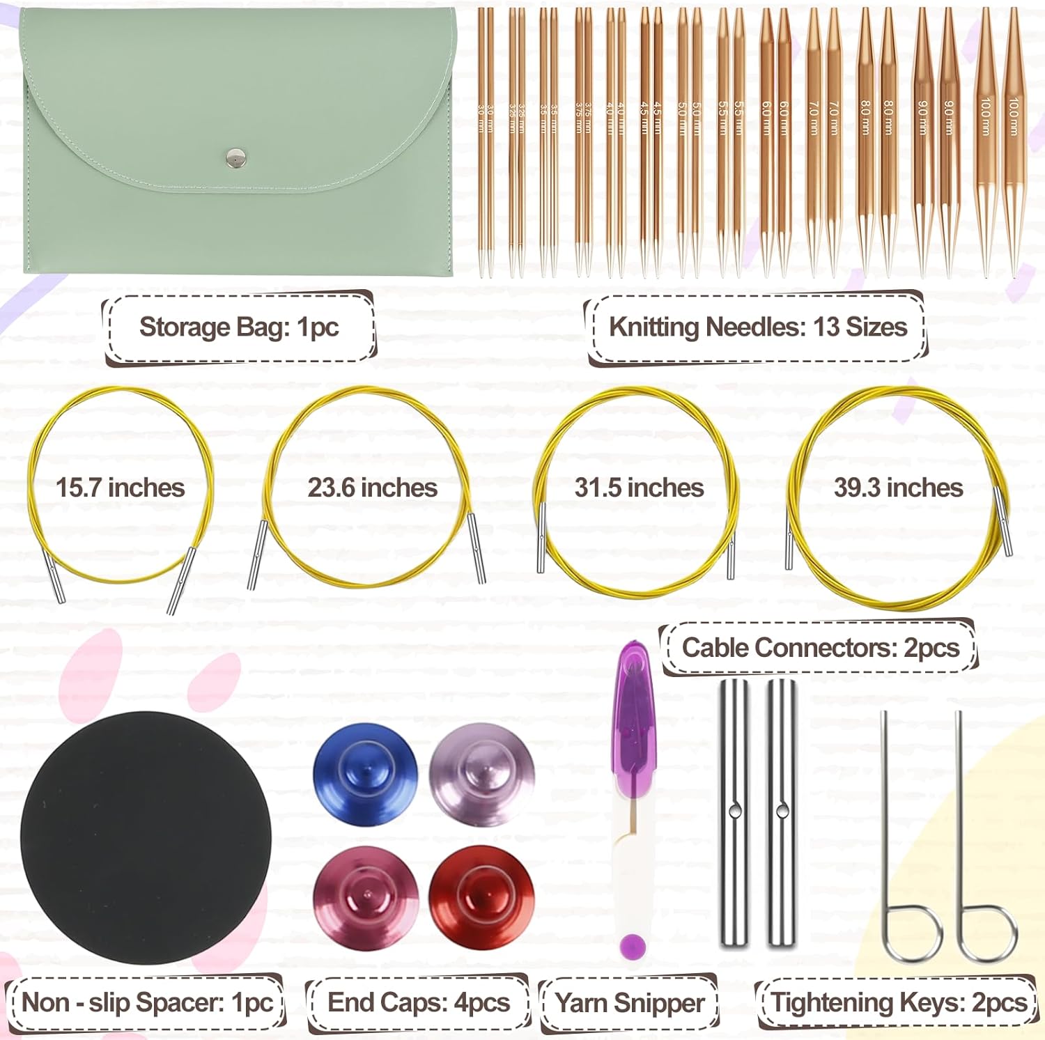 Circular Knitting Needles Set, 13 Pairs Interchangeable Aluminum Round Circular Needle for Knitting, Aluminum Metal Knitting Needles Includes 4 Cables, Accessories and Storage Bag (Rose Gold)