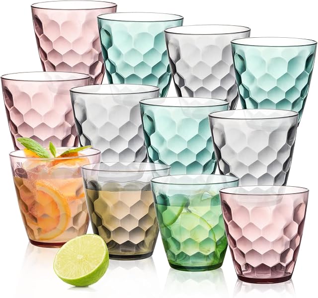 Lawei 12 Pack Plastic Water Tumblers, 10 Oz Unbreakable Premium Drinking Glasses, Stackable Acrylic Reusable Juice Wine Cups for Dinner, Home, Restaurants, BPA Free