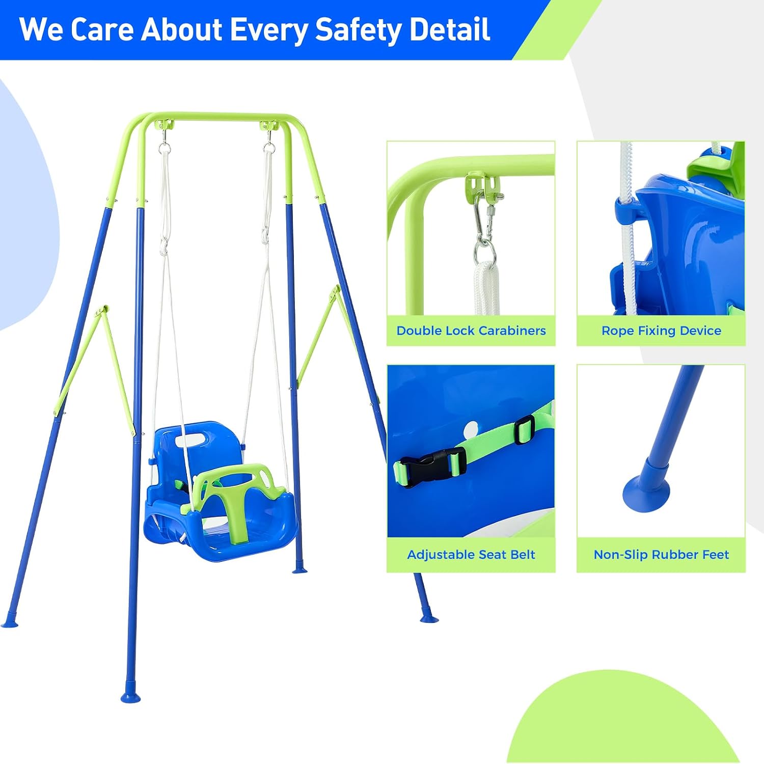 FUNLIO Toddler Swing with Foldable Metal Stand for Toddlers Aged 1~10 Years, 3-in-1 Baby Swing Set with 4 Sandbags for Backyard/Indoor/Outdoor Play, Easy to Assemble & Store - Bluegreen
