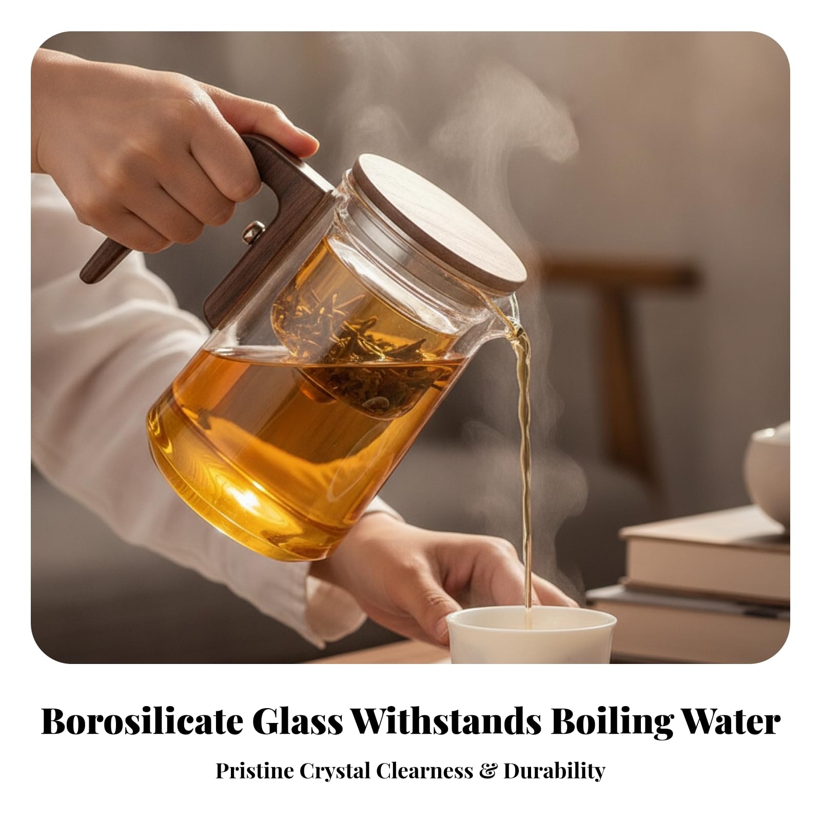 Teekanne Glas Teesieb Glasteekanne, Transparent, Transparent Mit Walnussholz-Elementen, 800 Ml