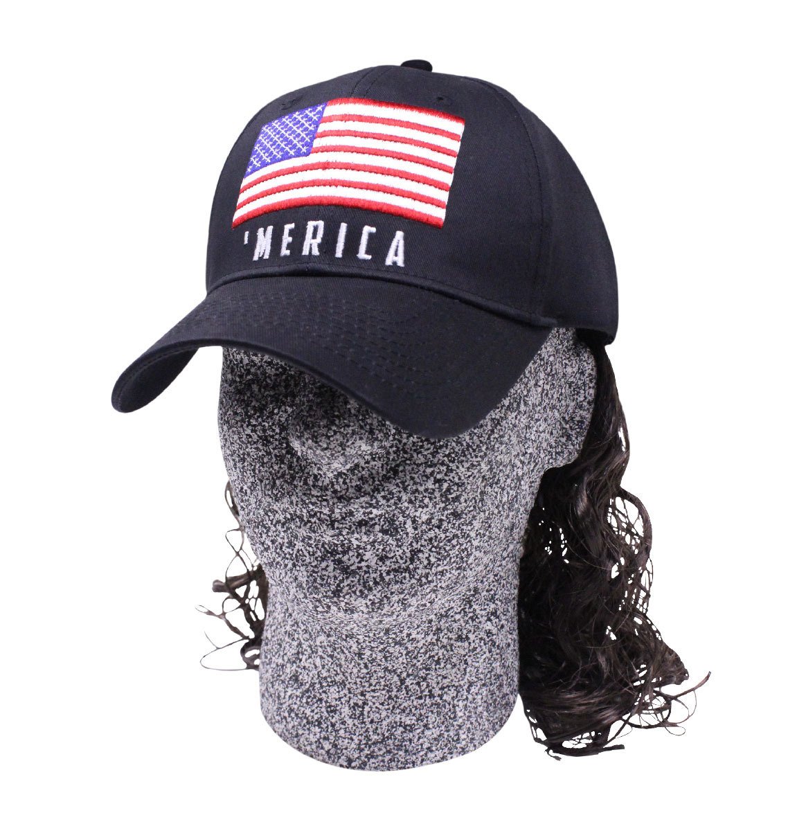 Artisan Owl Black 'Merica Flag Mullet Wig Baseball Cap with Adjustable Hook & Loop Closure