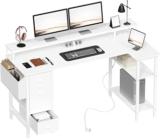 Yaheetech Computer Table Reversible L-Shaped Gaming Desk with Monitor | Desk with 2 USB Charging Ports and 2 Sockets, L-Table with Display Shelf for Home Office, White
