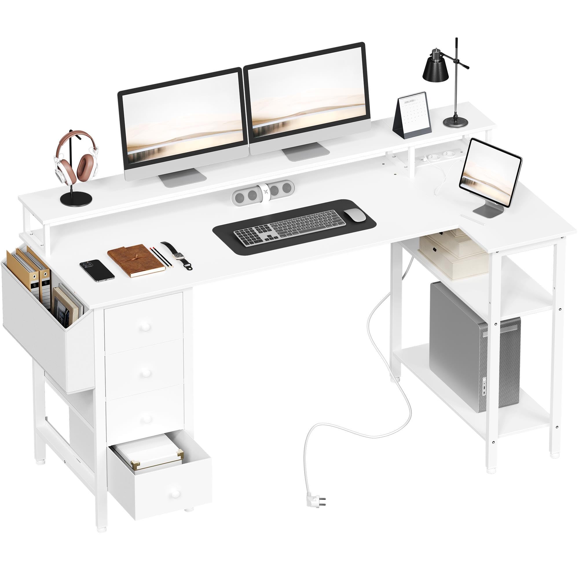 Yaheetech Escritorio L con 4 Cajones, 140x68cm Mesa Escritorio Gaming en L con Soporte para Monitor, 2 Enchufes y 2 Puertos USB, Escritorio Esquina Reversible Trabajo y Juegos, para Oficina, Blanco