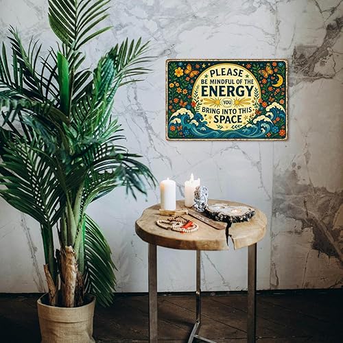 Miniatura 3 de Letrero de hojalata con texto en inglés Please Be Mindful of the Energy You Trae, decoración de pared espiritual para el hogar, sala de yoga o