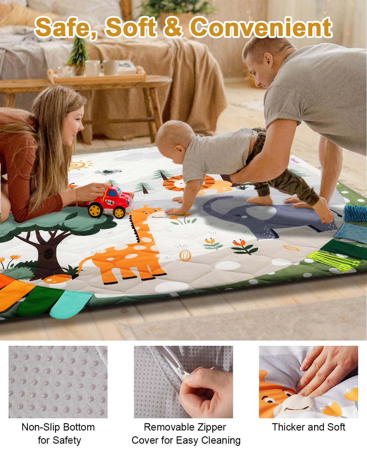 Premium Foam Baby Play Mat 50x50, 4 Developmental Zones Play Mat with Removable & Machine Washable Cover, Extra Thick Padding Playpen Mat, Easy to Clean for Infants, Toddlers & Babies