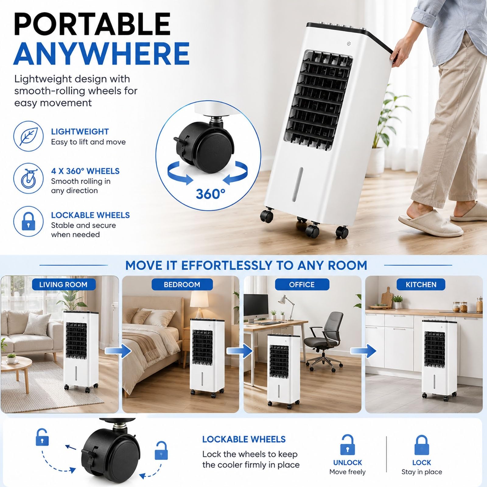 Rinfrescatore d'Aria Evaporativo 6L, Ventilatore Portatile con 4 Panetti di Ghiaccio, 3 Velocità, Timer 8H, Telecomando & Touch Control(White)