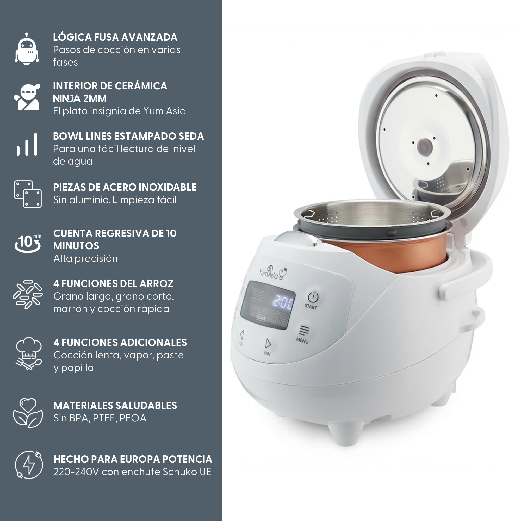 Yum Asia Panda Mini arrocera con cuenco de cerámica Ninja y lógica difusa avanzada (3,5 tazas, 0,63 litros) 4 funciones de arroz, 4 funciones de multicocina 220-240V (Arctic White)