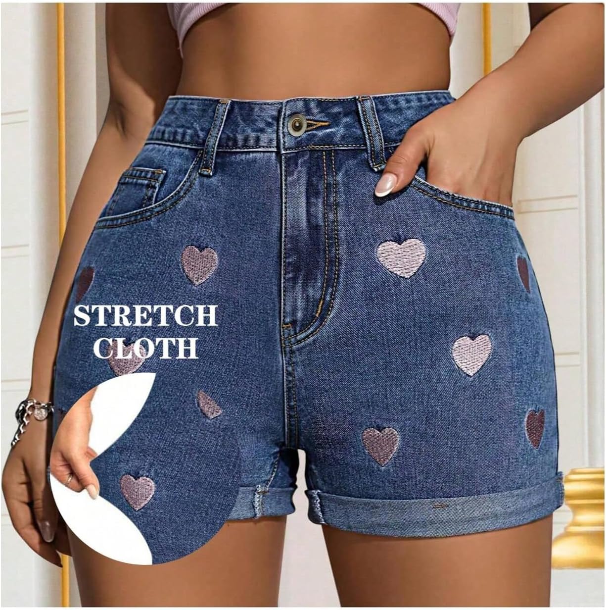 OYOANGLE Women's Heart Embroidery Skinny Denim Shorts Zipper Fly Stretchy Jean Shorts with Pockets