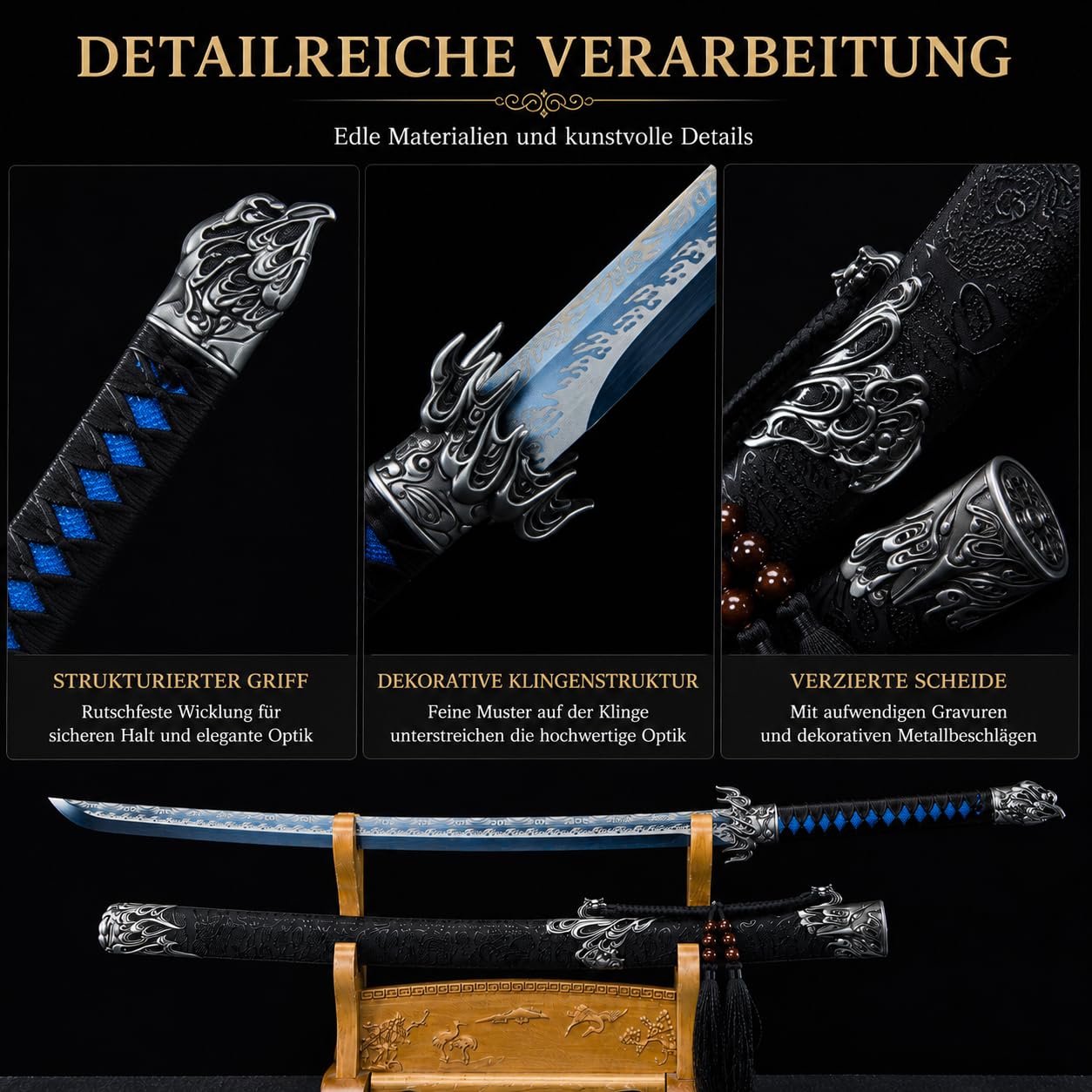 Samuraischwert Katana ungeschärft - Handgeschmiedet 1095 Kohlenstoffstahl Blaues Klingen-Finish - Echt Metall 109,5cm Deko Schwert mit Saya für Sammler, Dojo Training & Anime Deko