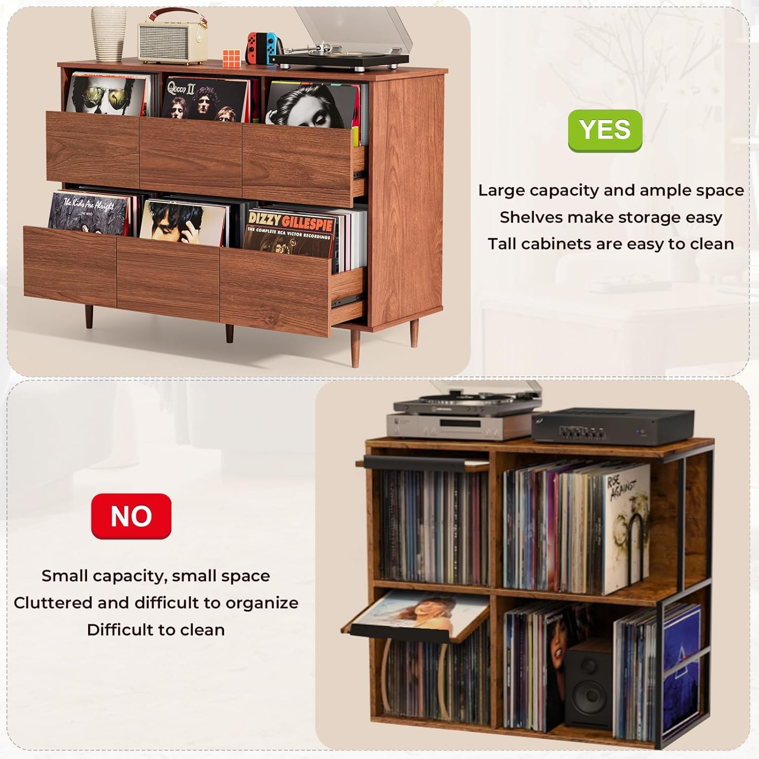 BROTTAR Large Record Player Stand with Vinyl Storage, Record Storage Cabinet, Mid Century Turntable Stand, Vinyl Record Storage Organizer with Shelves for Bedroom, Living Room, Brown