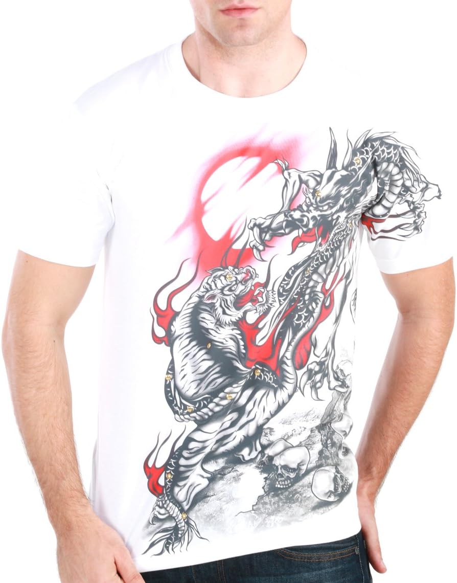 Dragon VS Tiger Men T-Shirt Tattoo Rock Punk mma Streetwear Studs #RC5 (L)