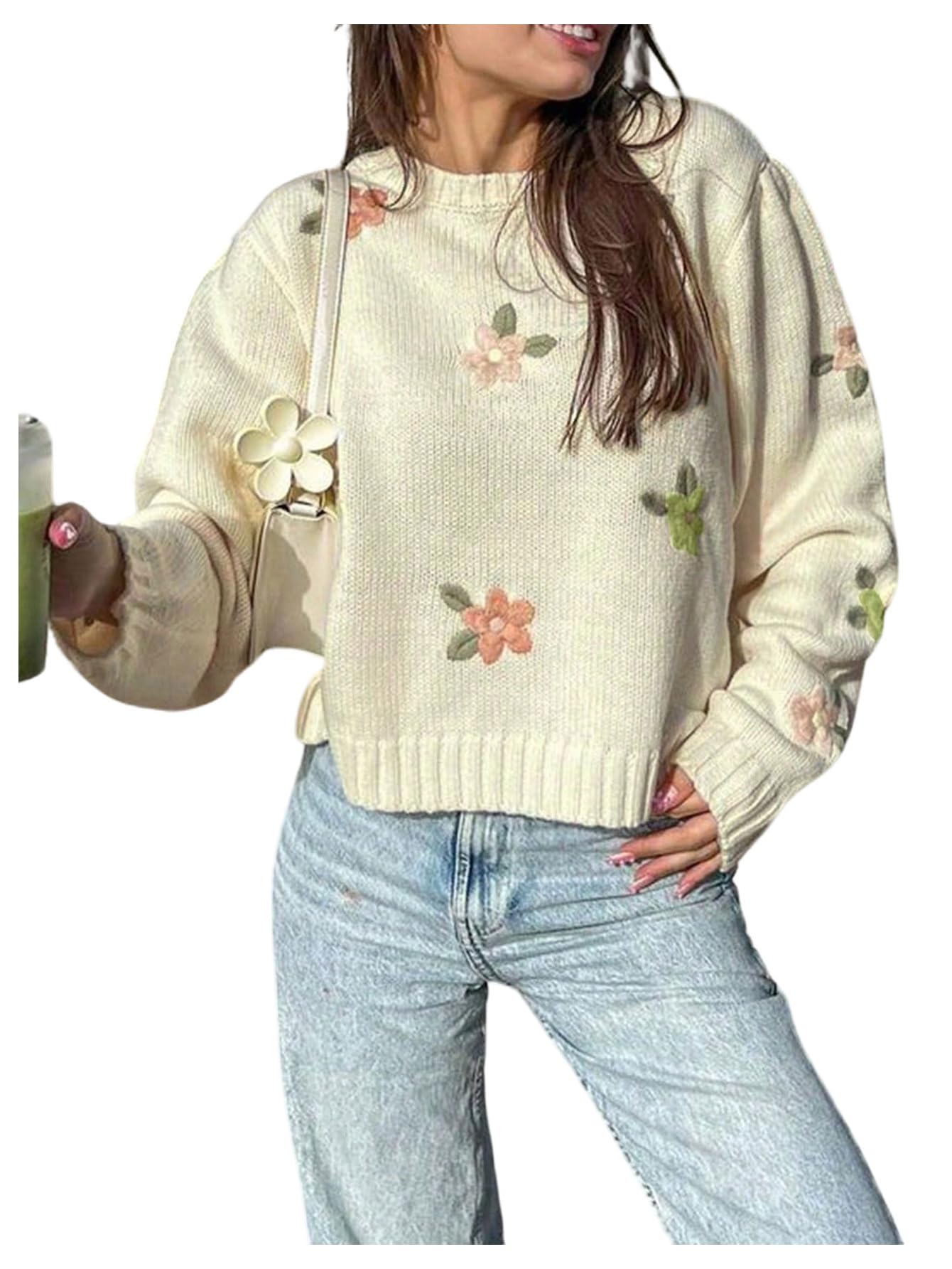 Womens Floral Sweaters Ligthtweight Oversized Embroidered Sweater Long Sleeve Knit Fall Tunics Tops