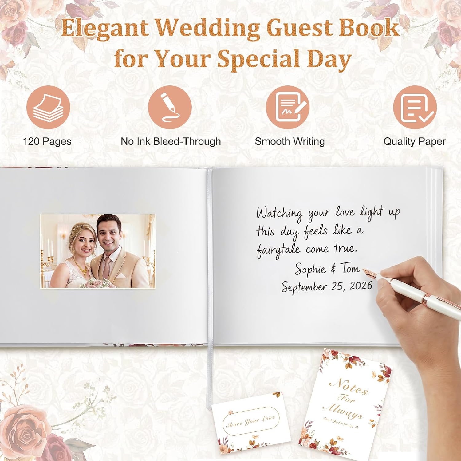 Wedding Guest Book Set, Vintage Rose Hardcover, Gold Foil, 120 Pages