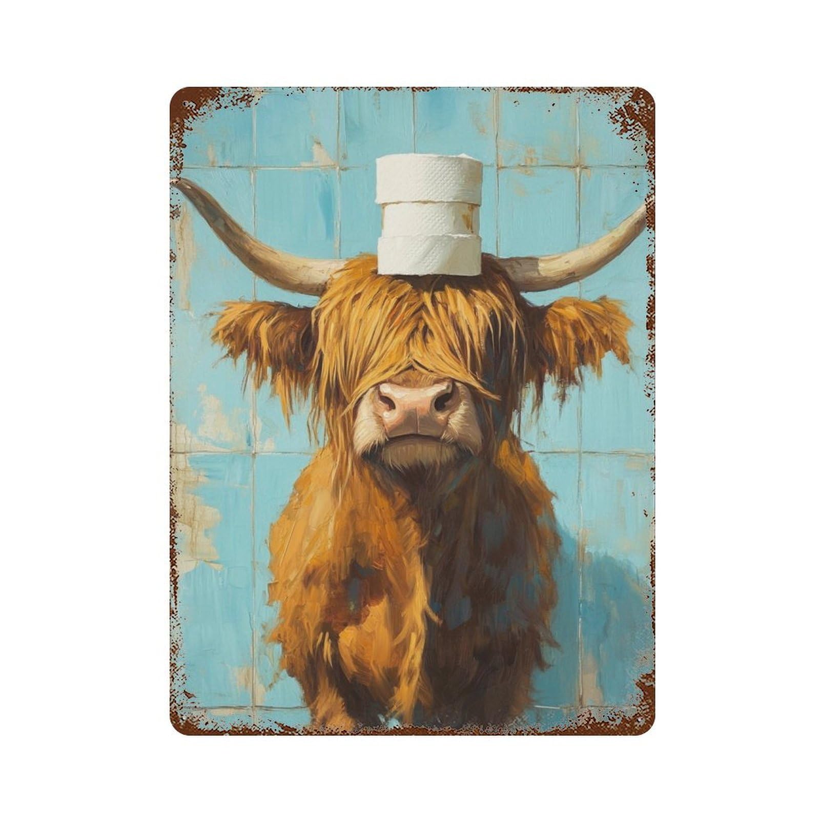 Scottish Highland Cow with Toilet Paper Hat Vintage Metal Tin Sign 15.7"x11.8", Farmhouse Wall Decor for Garage, Bar And Workshop Decor