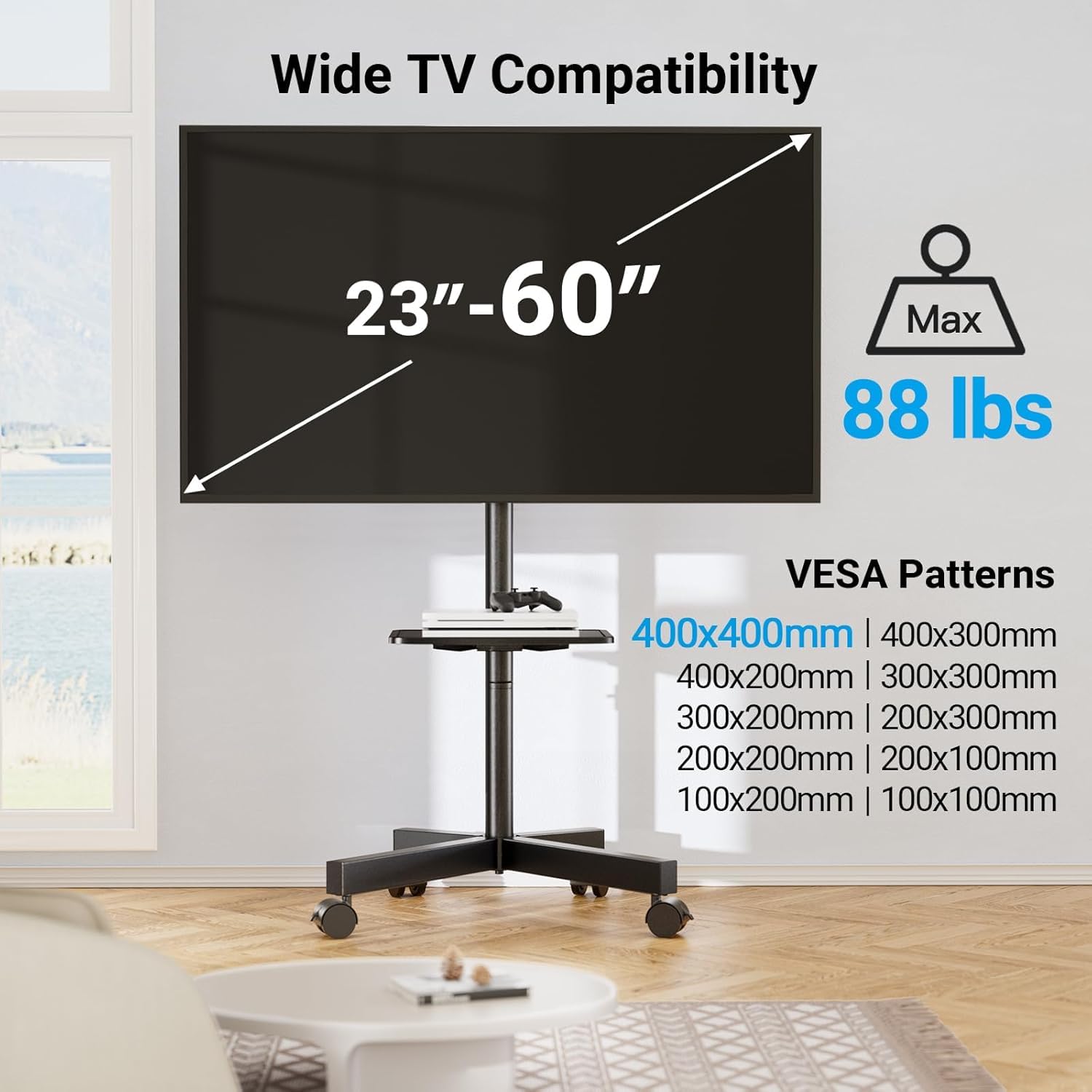 PERLESMITH Rolling TV Stand Mobile TV Stand for 23-60 Inch LCD LED TVs Tilt TV Stand Wheels Holds up to 88Lbs Portable TV Stand for Bedroom with Shelf Outdoor TV Stand Max VESA 400x400mm PSTV product thumbnail 6