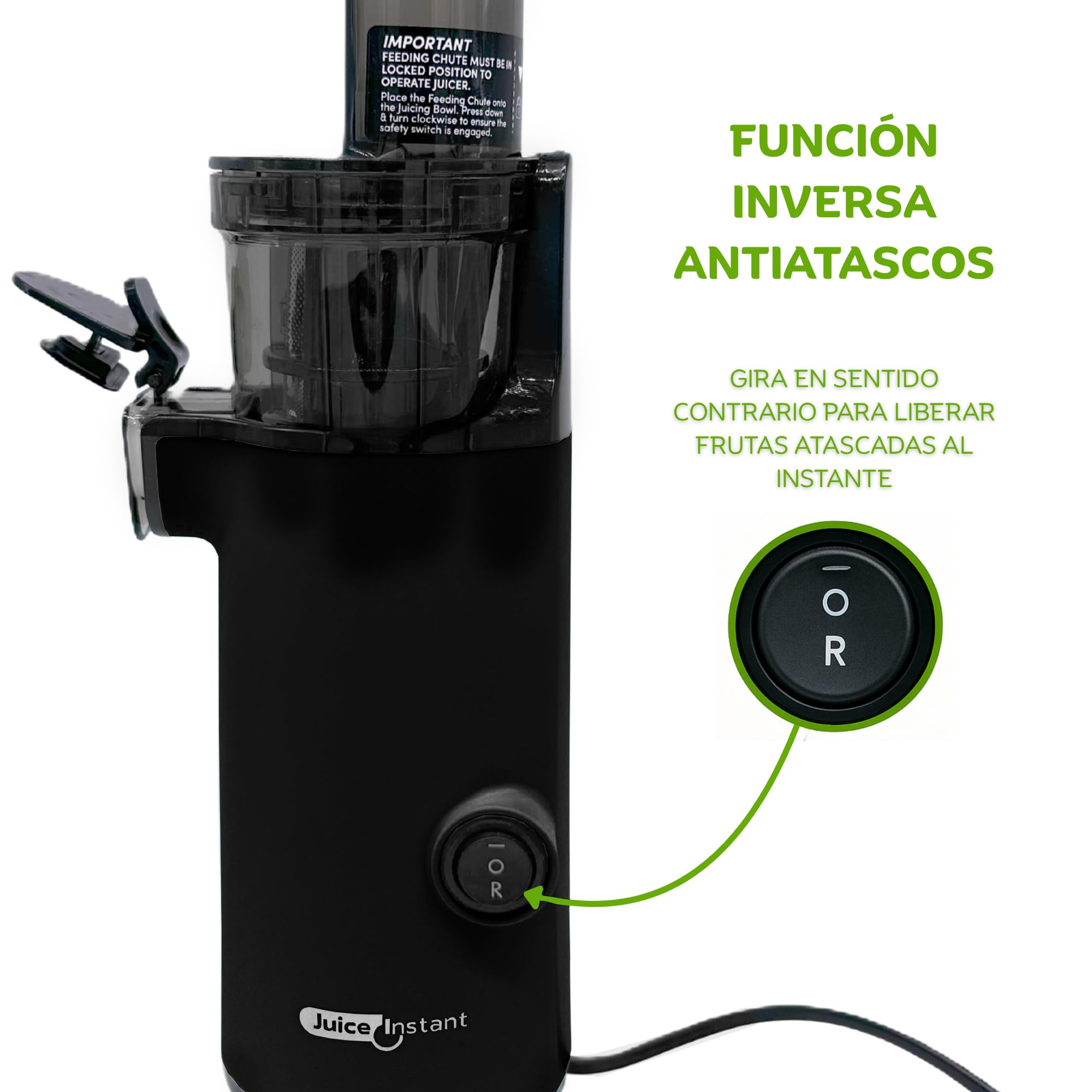 JuiceInstant - Extractor de zumos compacto para frutas y verduras, prensado en frío, exprimidor eléctrico sin BPA, 130W, con tamiz, antigoteo, licuadora lenta que conserva vitaminas (Negro)