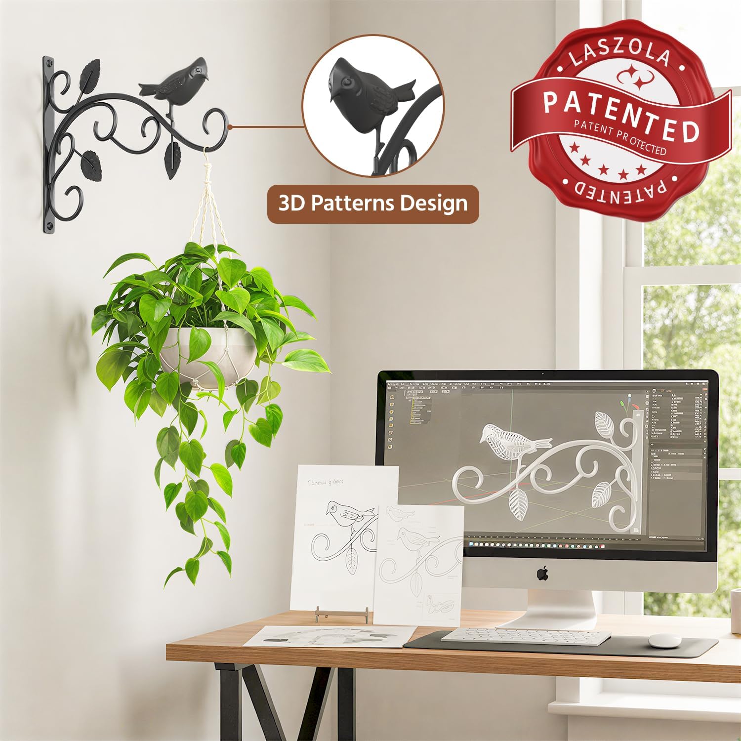 LASZOLA 4 Pack 12 Inch Hanging Plant Brackets, Heavy Duty Iron Wall Hooks with Decorative Bird and Leaf, Rust Proof Metal Outdoor Fence Hangers for Bird Feeders, Planters, Wind Chimes, Lanterns, Black