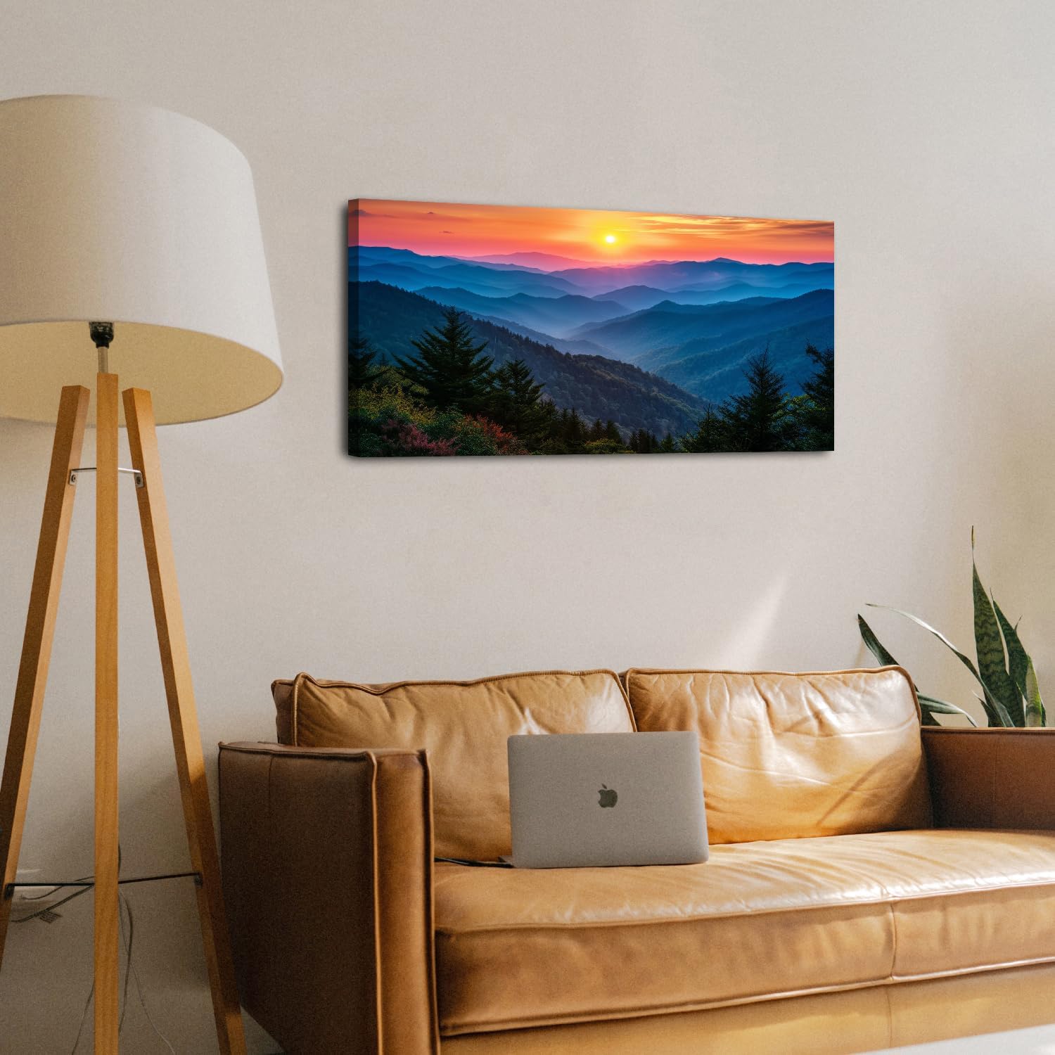 Great Smoky Mountain Wall Art Sunset Blue Ridge Mountains Wall Decor for Living Room Vintage Forest Landscape Pictures Green Trees Misty Scenic Painting Canvas Prints Bedroom Home Decoration 20x40"